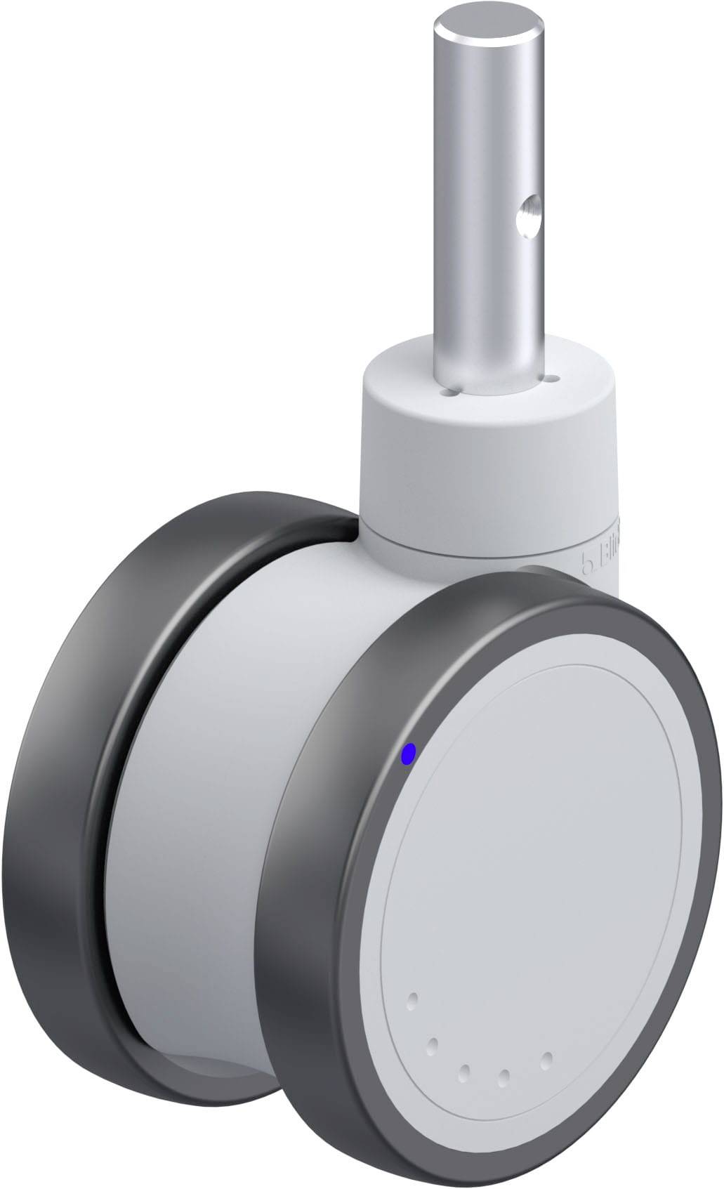 Ein weiß-schwarzes Doppelrad mit einer Metallstange oben, dient wahrscheinlich als Möbelrolle oder Rolle für Stühle.