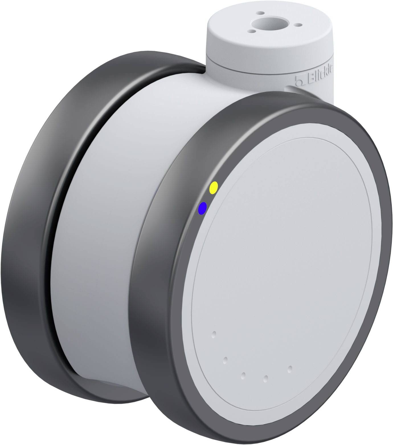 Kleines rundes Gerät mit einem grauen Gehäuse. Es hat vorne blaue und gelbe LEDs und eine Befestigungsmöglichkeit oben.
