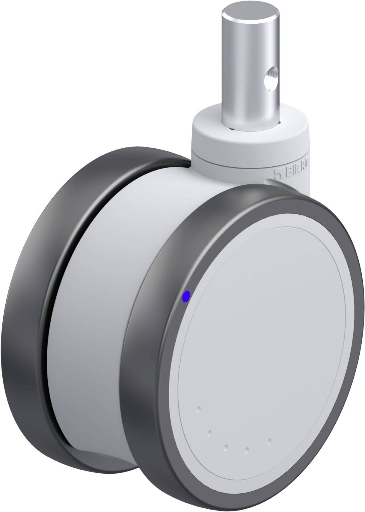 Graues, kreisförmiges Möbelrad mit schwarzem Gummirand und blauer LED-Anzeige, geeignet für Bürostühle und Tische.