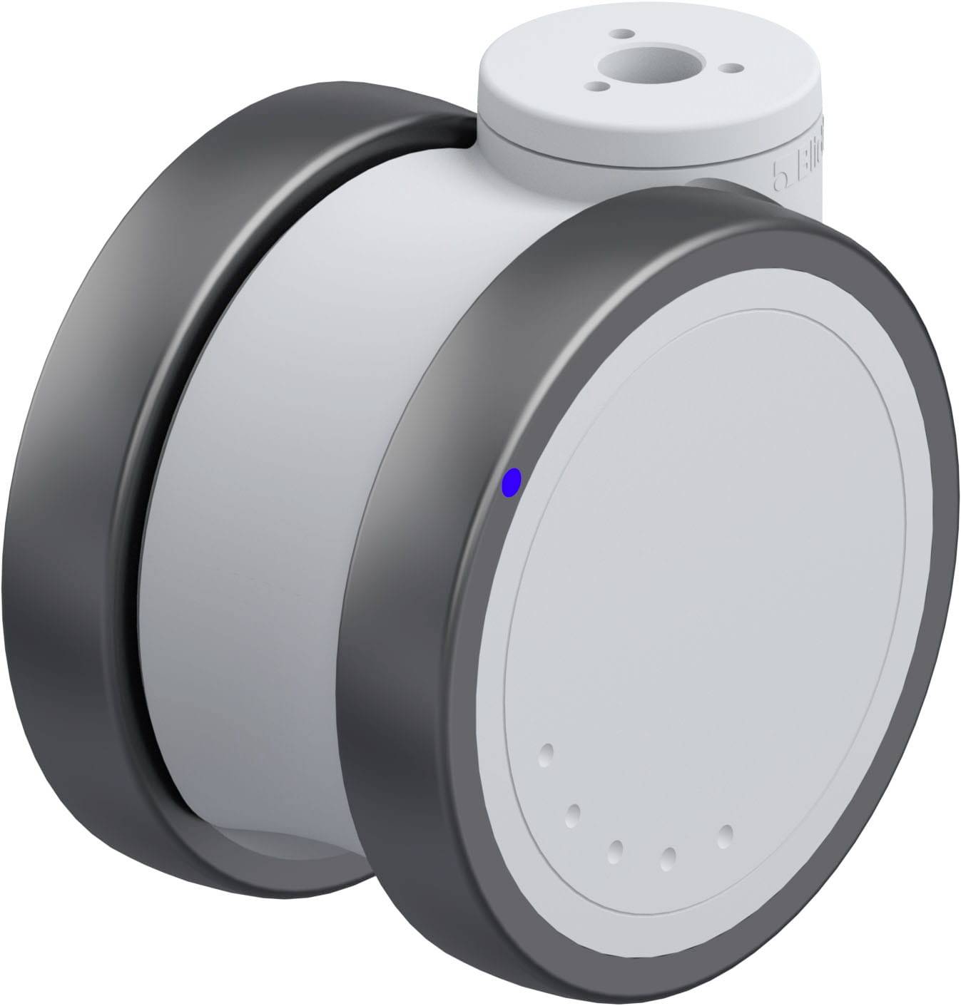 Ein graues, scheibenförmiges Gerät mit schwarzem Rand und blauer LED-Anzeige; möglicherweise ein technisches oder elektronisches Bauteil.