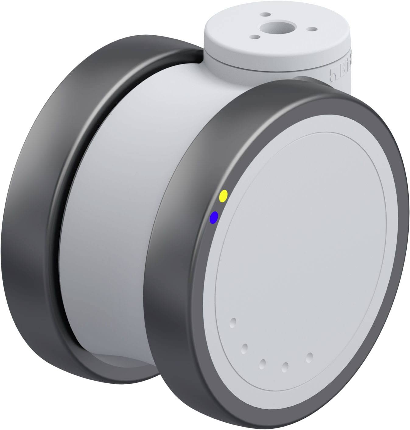 Ein grauer zylindrischer Sensor mit schwarzen Rändern und blauen und gelben Punkten, möglicherweise ein elektronisches Gerät.