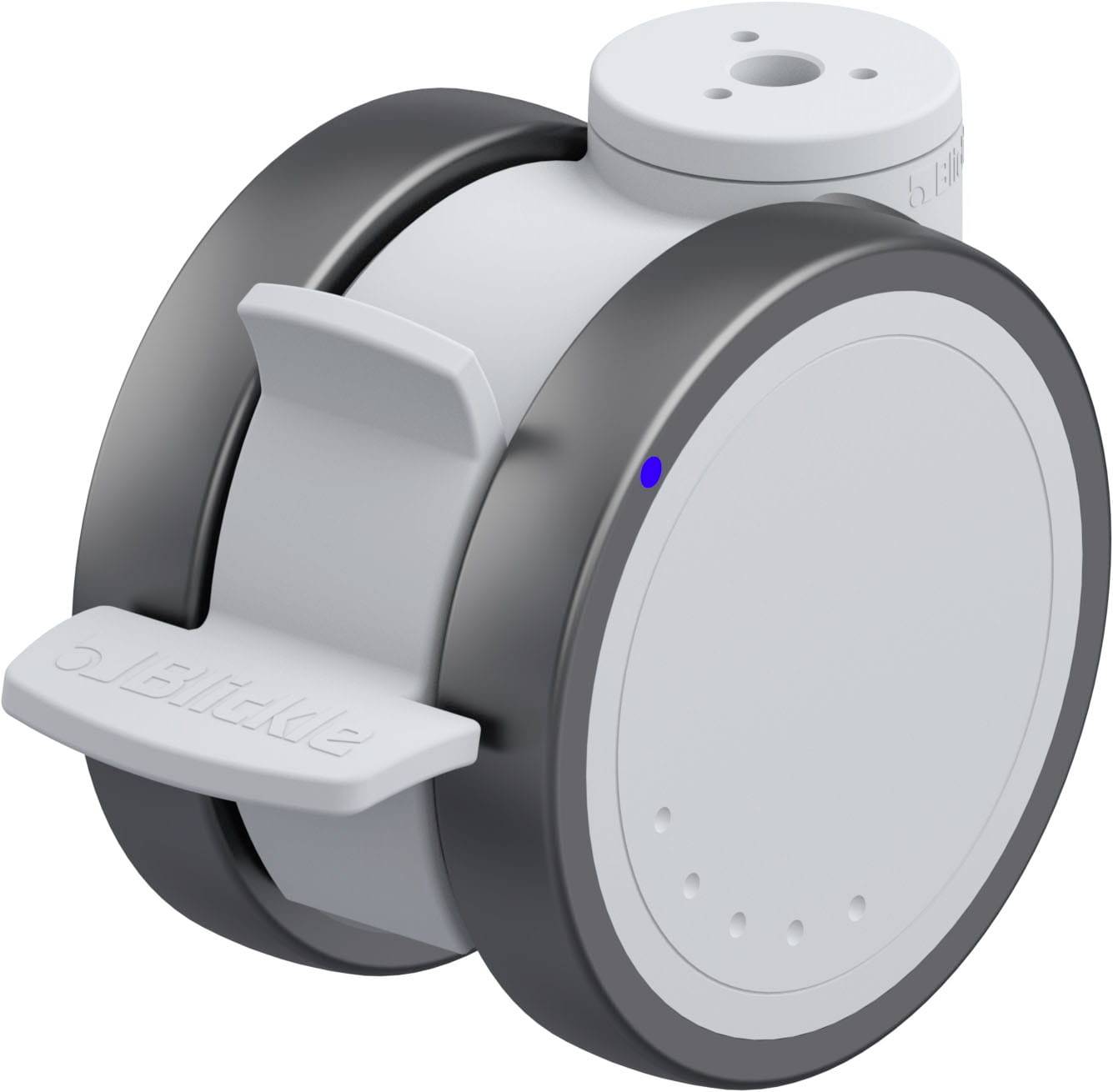 Ein runder, grauer Sensor mit einem kleinen blauen Licht vorne und einer Befestigungsklemme an der Seite.