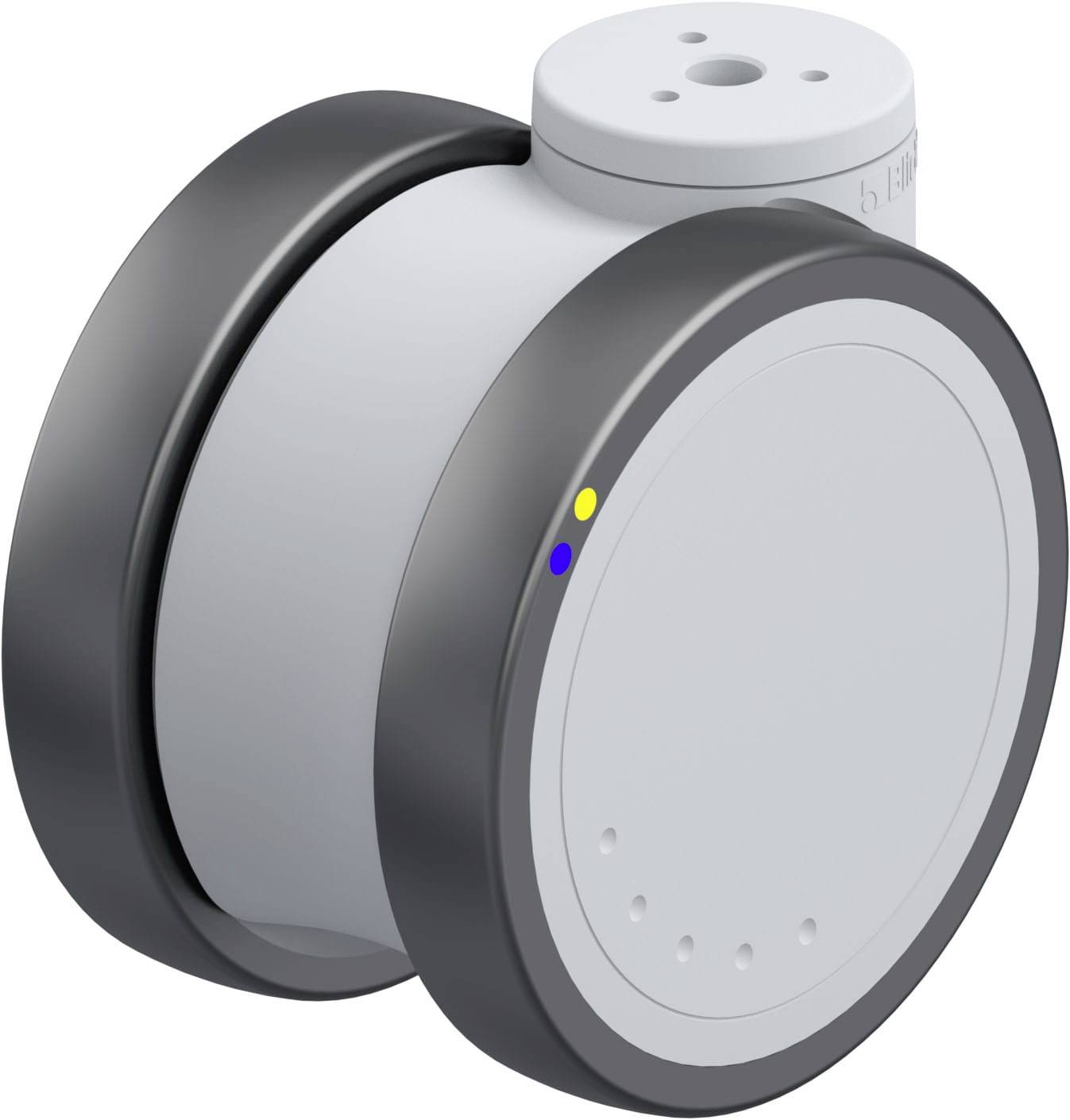 Grauer, zylindrischer Smart-Home-Sensor mit schwarzen Rändern und farbigen LEDs für Temperatur- und Luftqualitätsüberwachung.