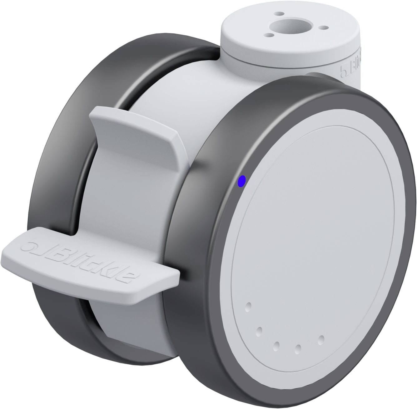 Ein graues, rundes Gerät mit Griffen und einem kleinen blauen Licht. Es sieht technologisch aus und könnte ein Teil eines größeren Systems sein.