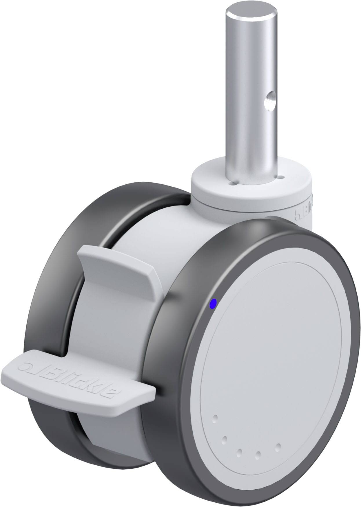 Radrolle mit grauem Gehäuse, schwarzem und grauem Reifen und Metallstift für Möbeleinbau.