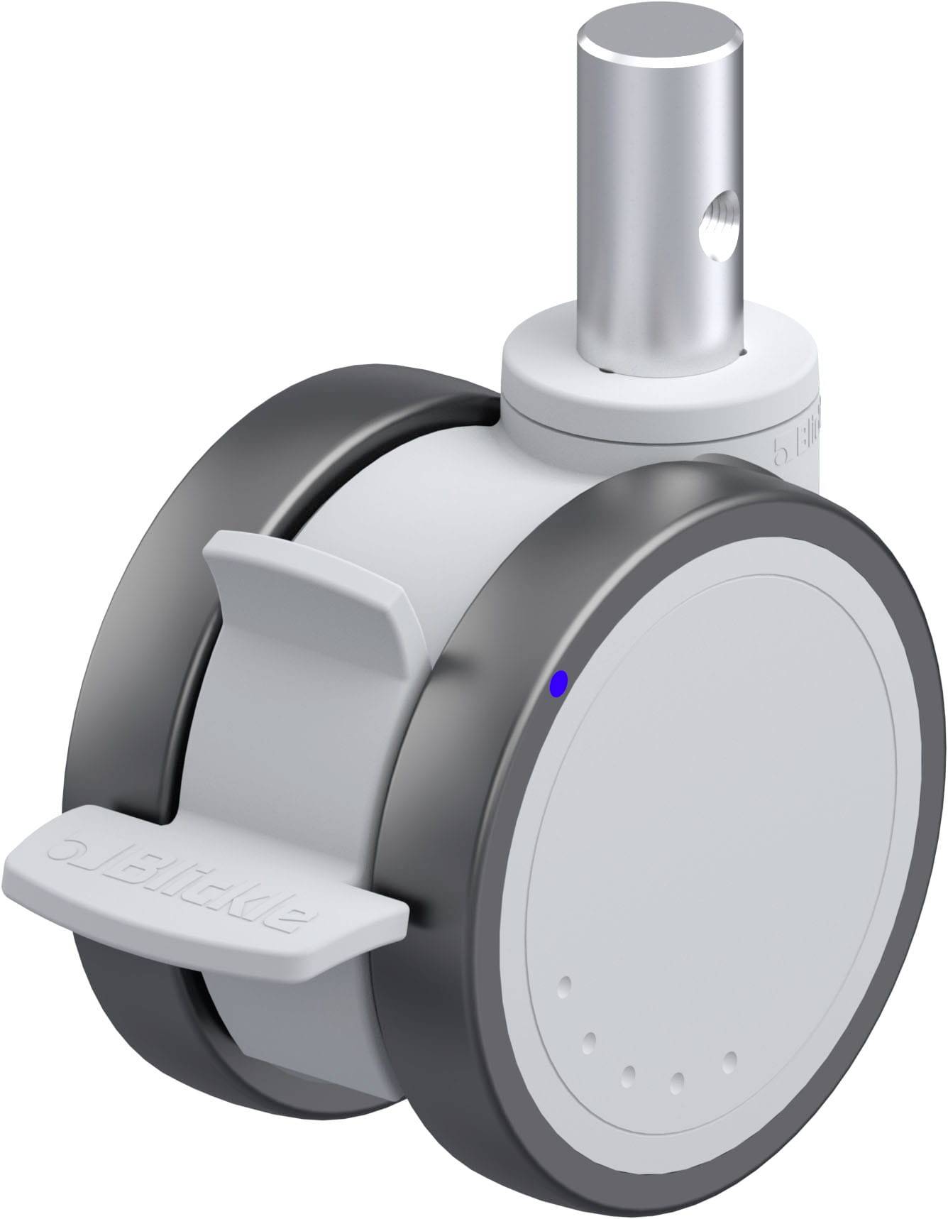 Industrie-Rolle mit grauem Gehäuse und schwarzem Rand, oben eine silberne Halterung. Geeignet für Möbel oder Gerätebewegungen.