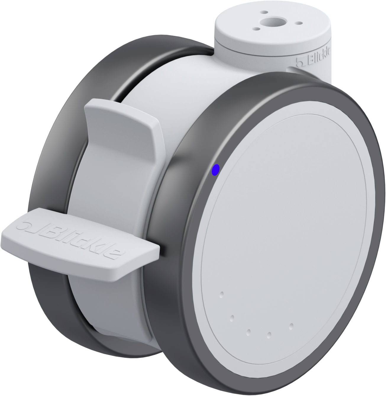 Zylinderförmiger, moderner Lautsprecher mit zwei großen, seitlichen Lautsprechergittern und einem kleinen blauen Licht auf der Vorderseite.