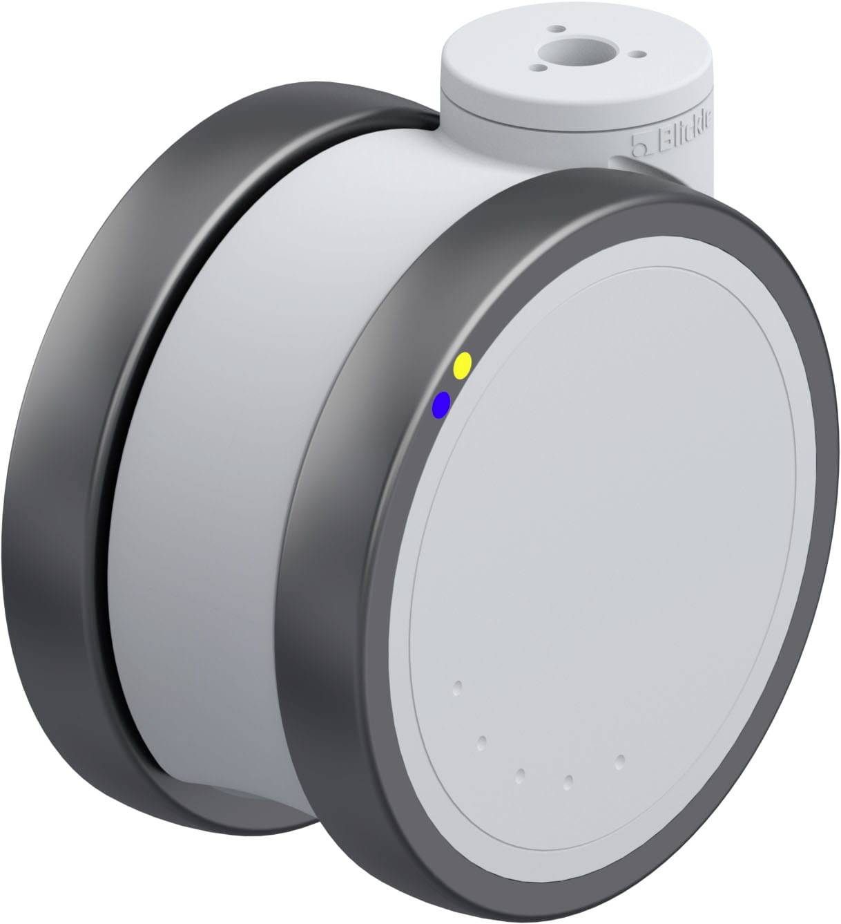 Ein runder, grauer Sensor mit zwei farbigen Indikatoren auf der Oberfläche; könnte für Messungen oder industrielle Anwendungen genutzt werden.