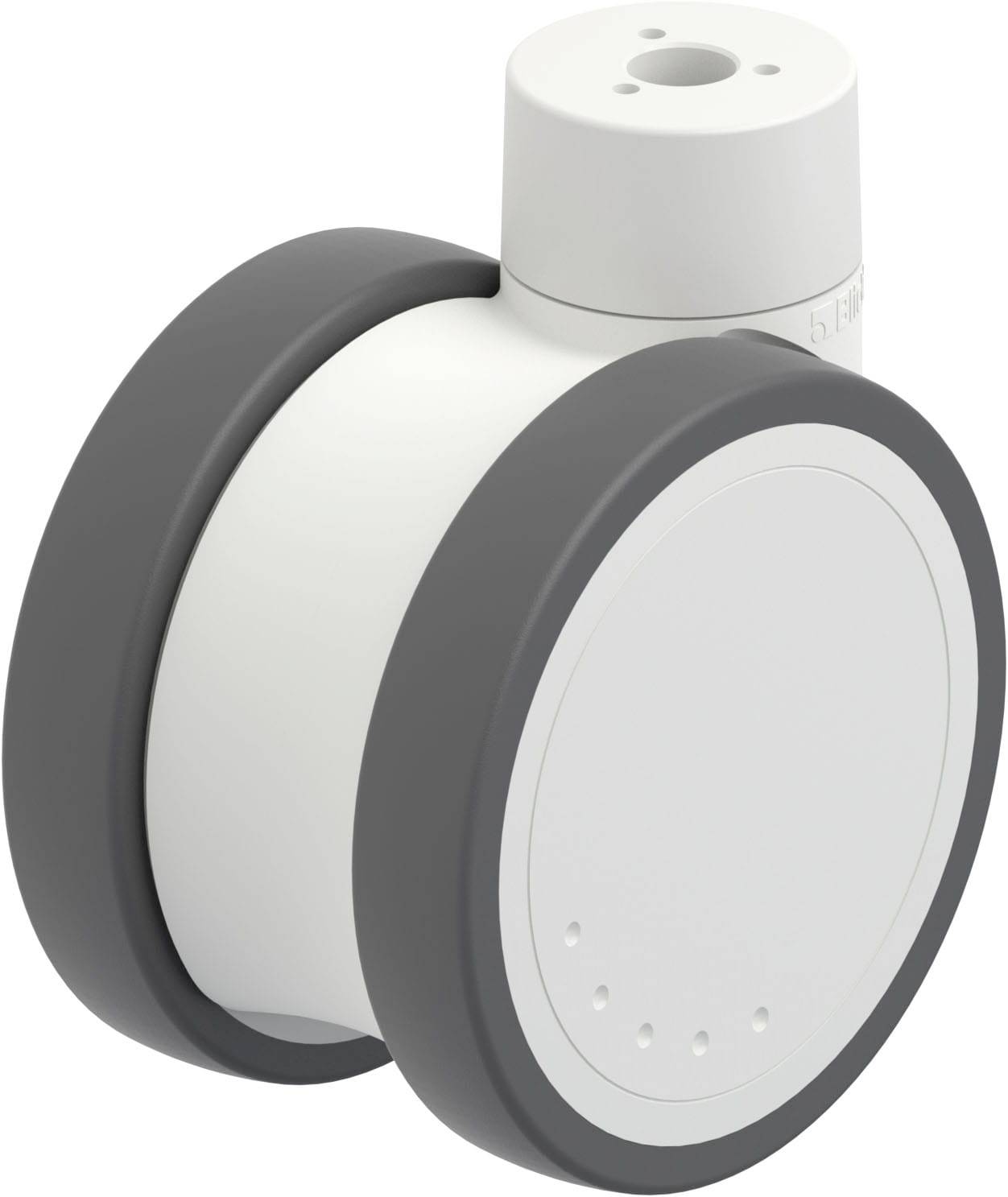 Ein weißes, zylinderförmiges Gerät mit zwei grauen Rädern. Oben ist eine runde, flache Einheit. Es wirkt technisch modern.