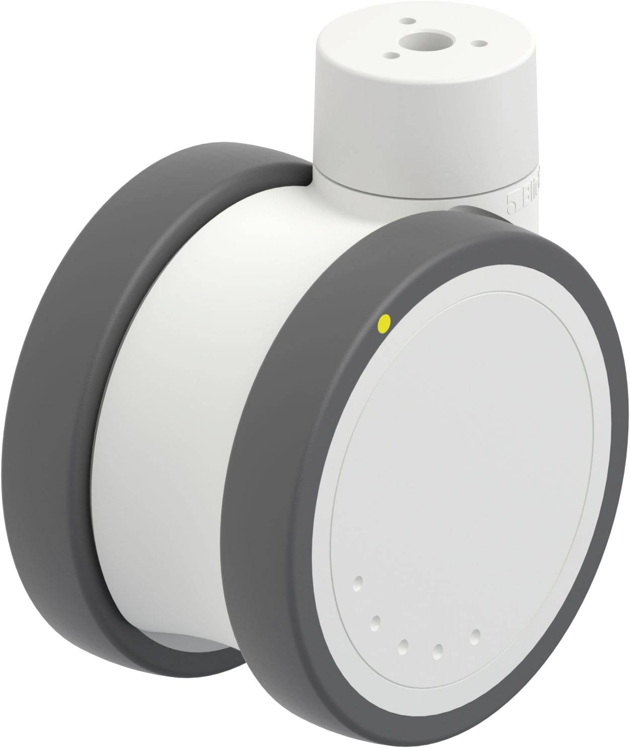 Ein weißes, zylindrisches Gerät mit zwei dunklen Rädern und einem gelben Punkt, vermutlich ein Sensor oder Roboterteil, auf neutralem Hintergrund.
