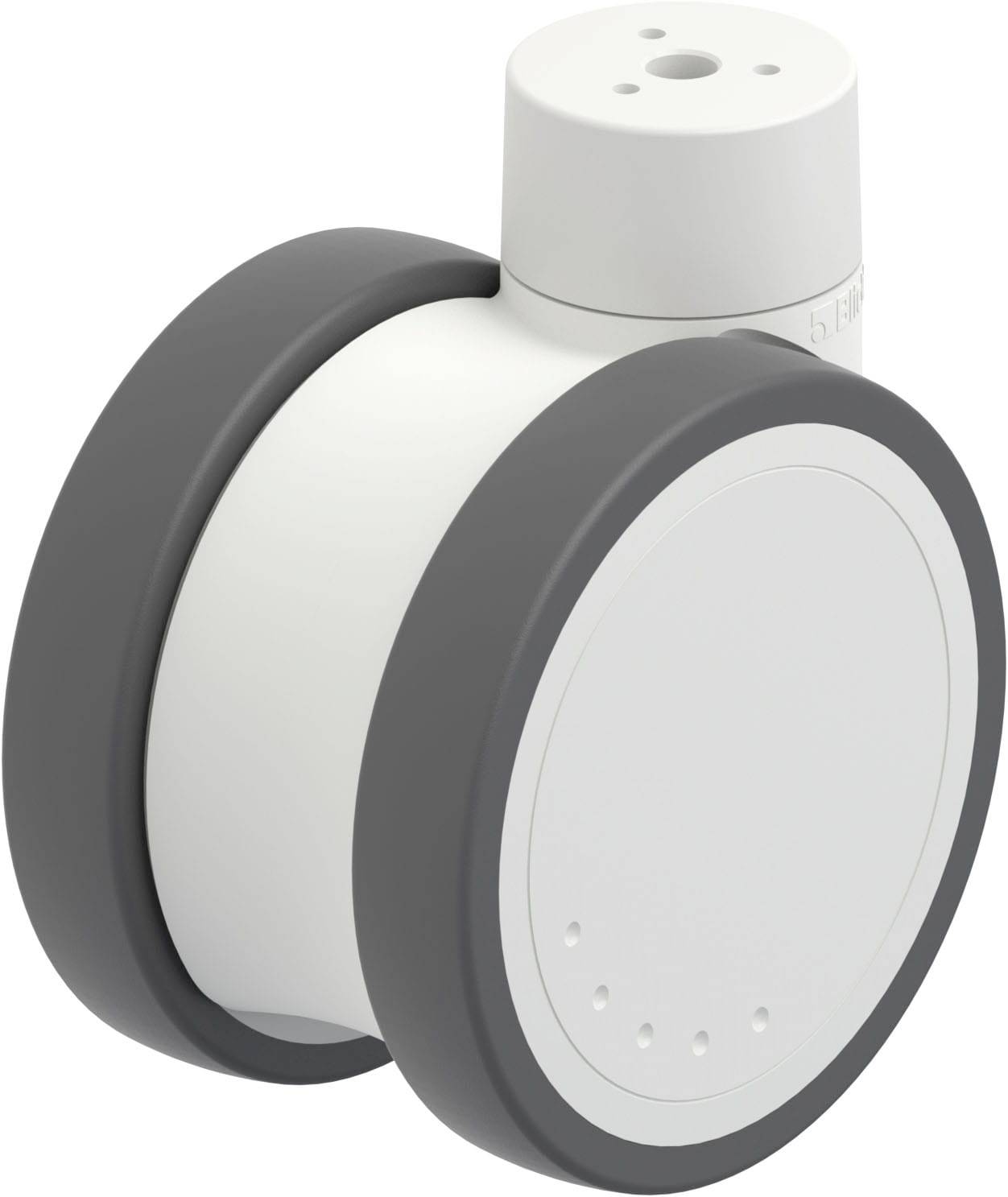 Graues und weißes, zylinderförmiges Gerät mit zwei Rädern und erhabenem Abschnitt oben, möglicherweise ein elektronisches Gerät oder Roboterteil.