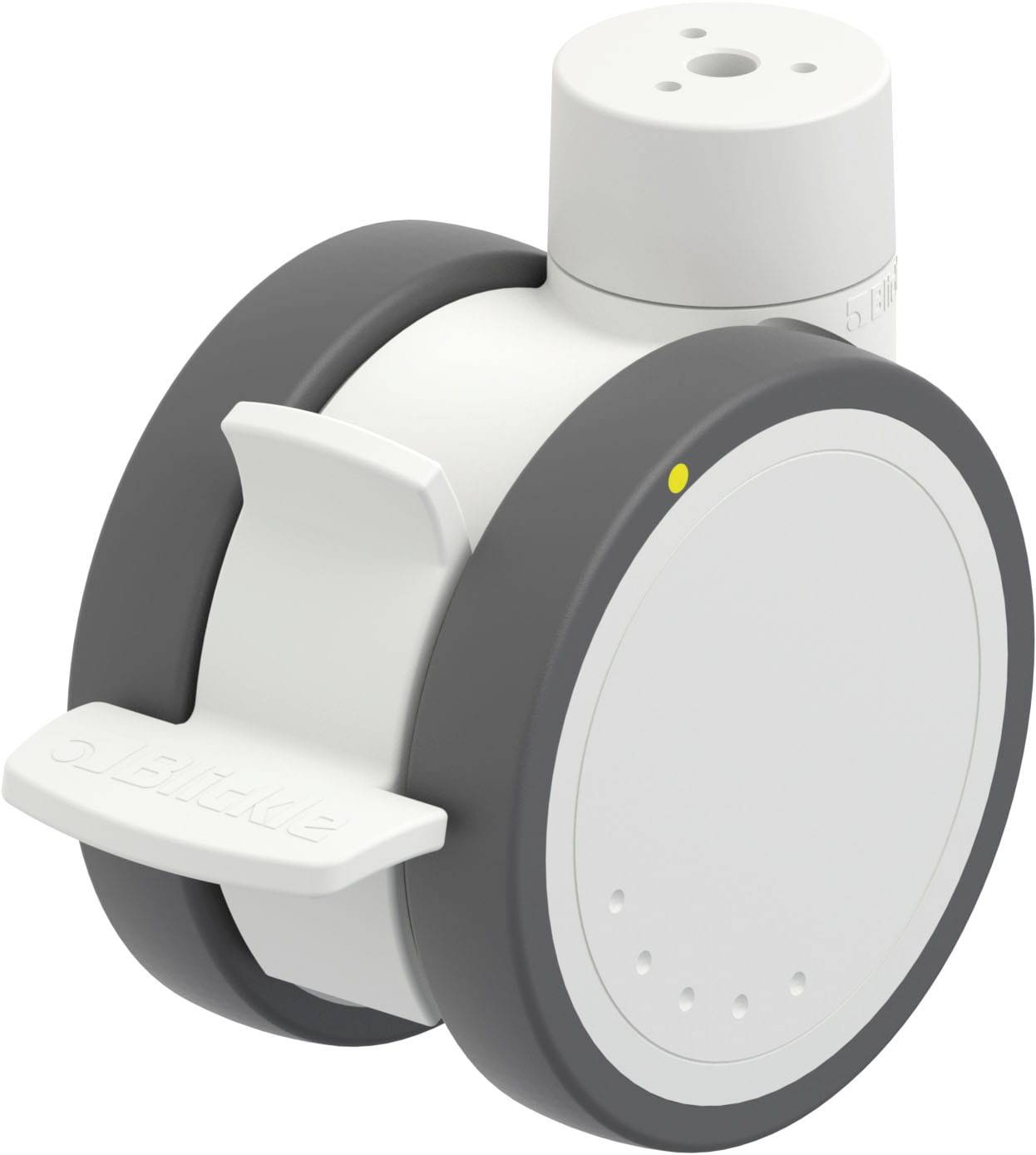 Ein weiß-graues, rundes elektronisches Gerät mit integriertem Halter und mehreren Öffnungen oben. Möglicherweise ein Sensor oder eine Kamera.