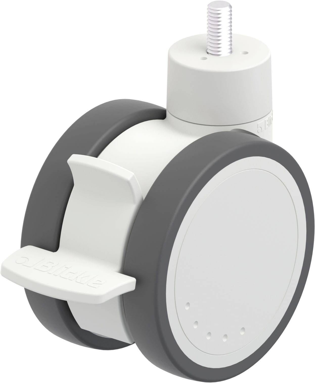 Graue Kunststoffrolle mit weißen Elementen und einem Feststellhebel. Oben befindet sich ein Gewinde zum Anbringen an Möbel oder Geräte.