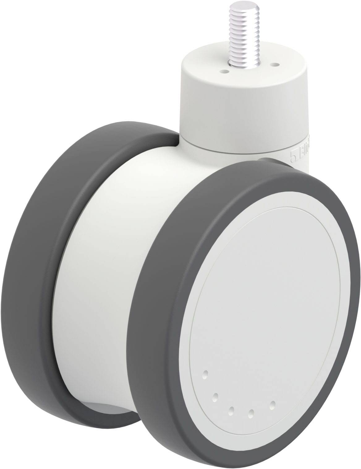 Industrie-Schwergantrad für Möbel oder Geräte, mit glatter, grauer Lauffläche und Schraubgewinde zur Befestigung.