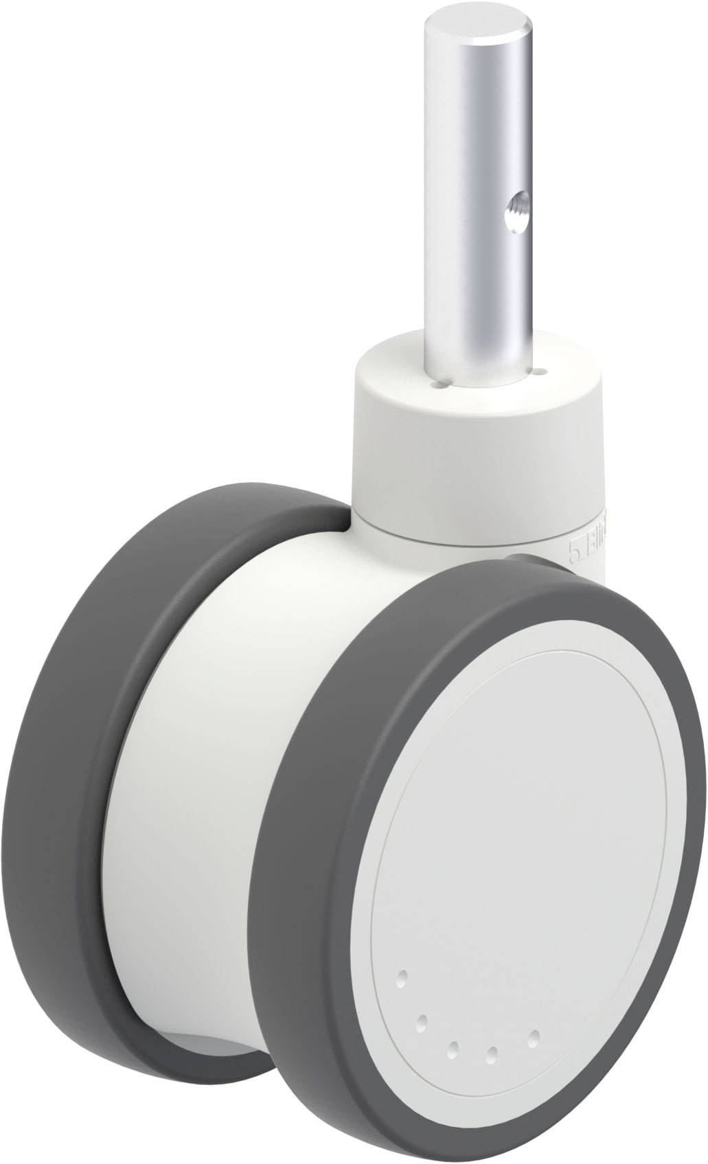 Doppellaufrad aus Kunststoff mit grauen Reifen und silbernem Metallstift; möglicherweise Teil eines Möbelstücks wie eines Bürostuhls.