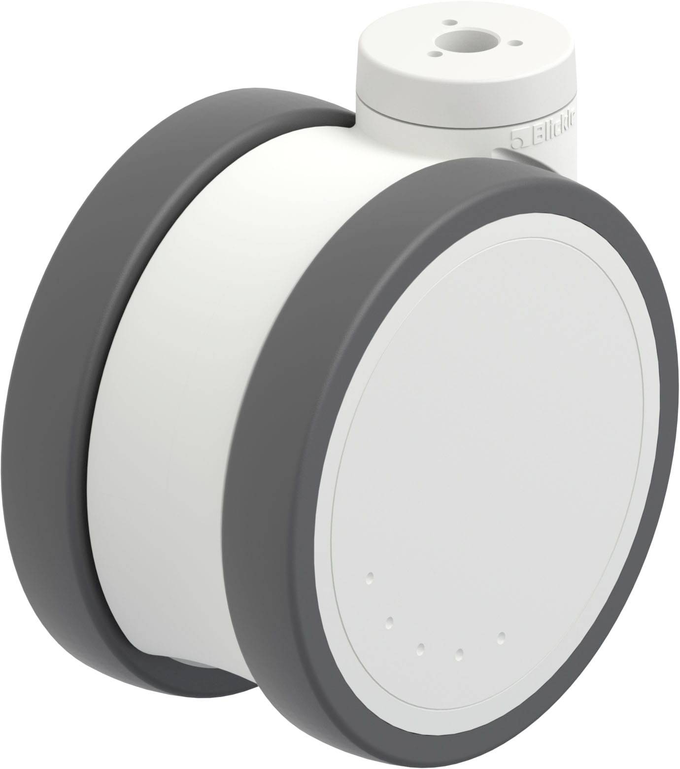 Rundes, weißes Gerät mit grauen Rändern und einem kleinen Aufsatz oben, vermutlich ein technisches Gerät oder Sensor.