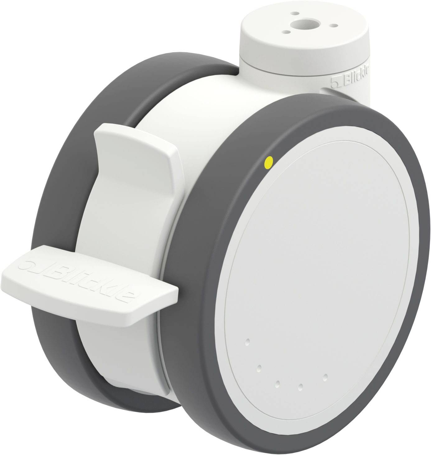 Ein weißer, zylindrischer Roboter mit grauen Rädern und gelbem Punkt, der möglicherweise Teil eines interaktiven oder beweglichen Gerätes ist.