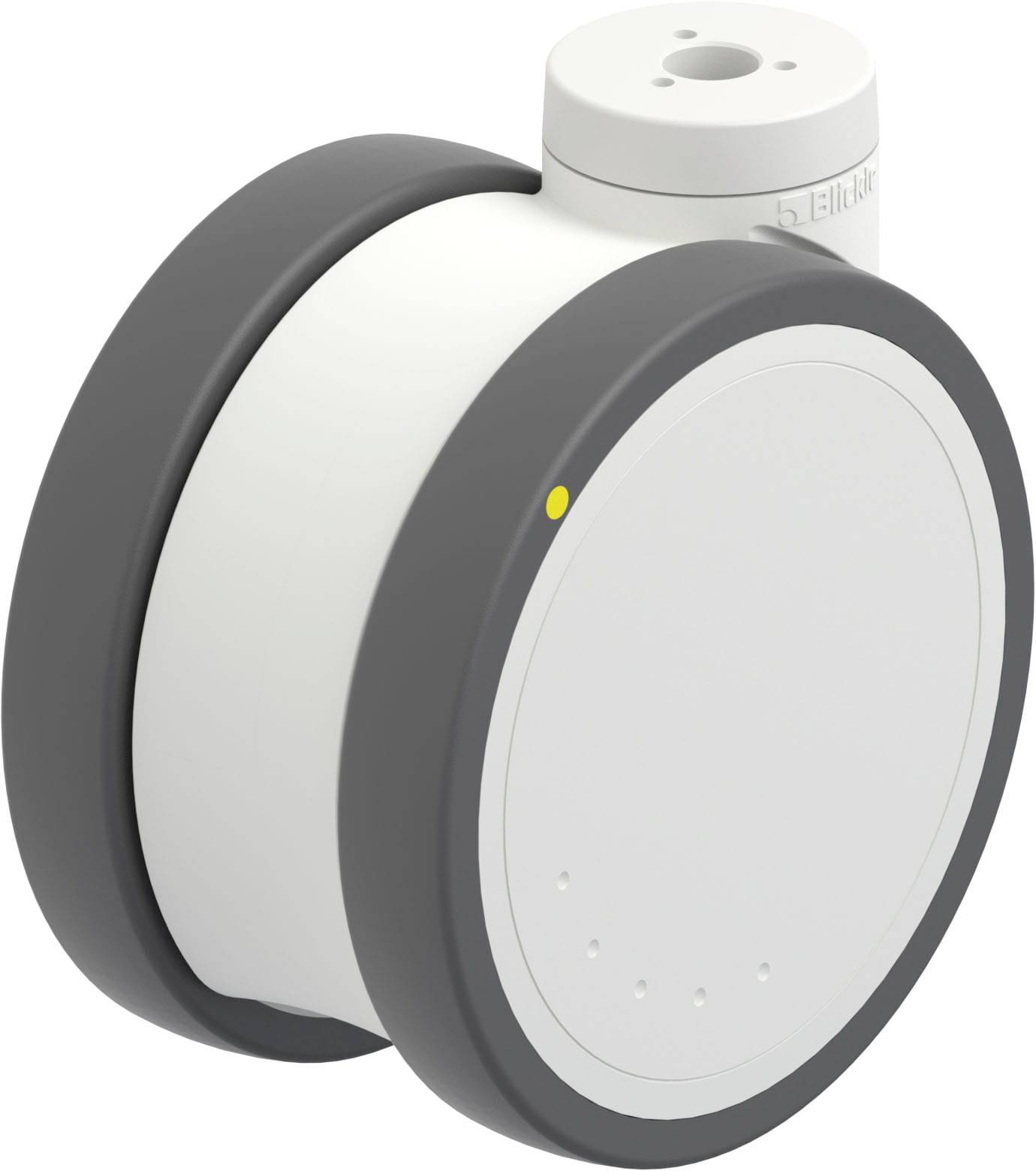 Grauer und weißer kompakter, runder Sensor mit abgerundeten Kanten und kleinen Löchern an der Vorderseite.