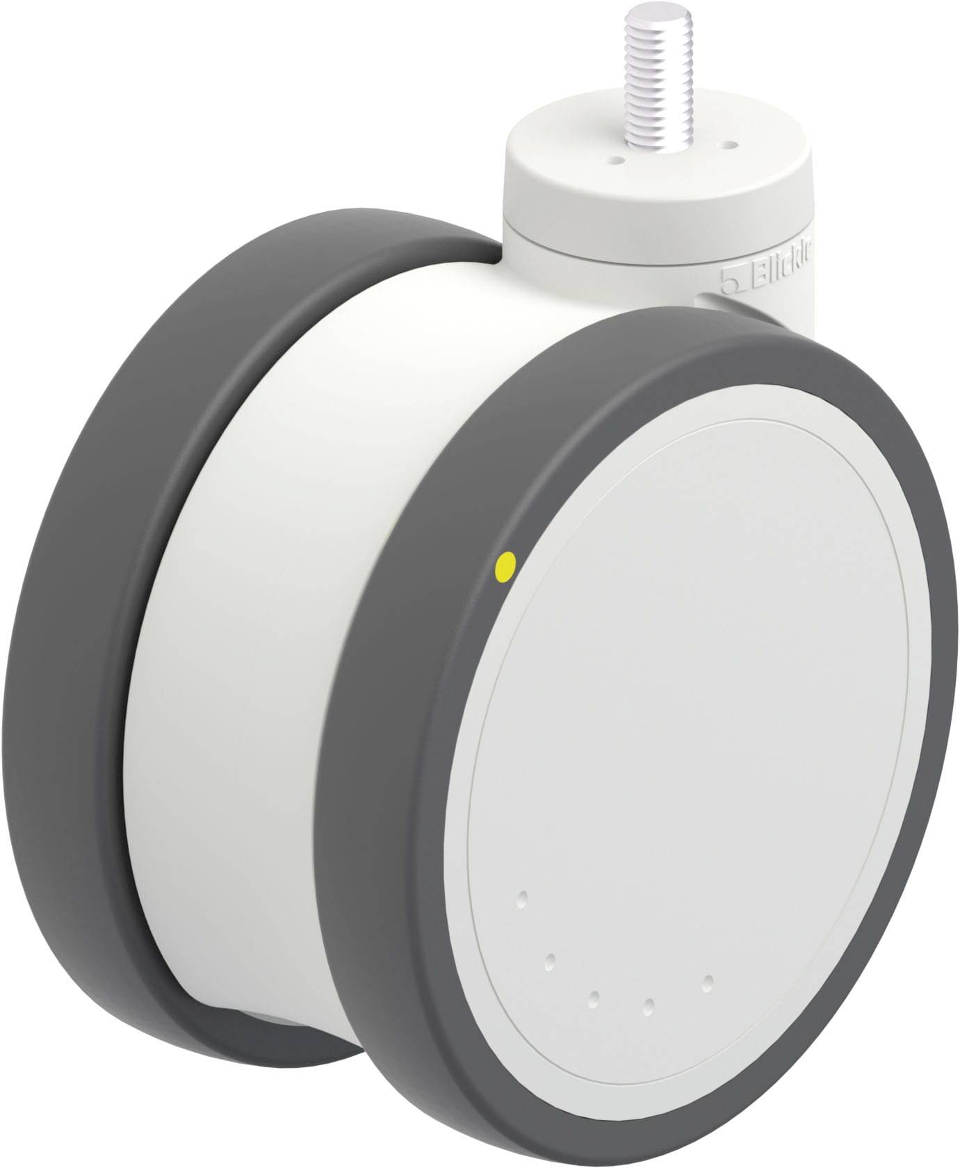 Ein einzelnes, modernes Rad mit grauem Reifen und weißem Gehäuse, zeigt ein Schwenkgelenk oben zur Befestigung an Möbeln oder Geräten.