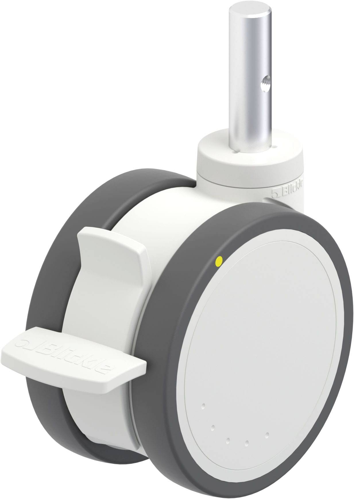 Eine weiße und graue Möbelrolle mit einem seitlichen Verriegelungsmechanismus und einer Metallstange oben zur Befestigung.