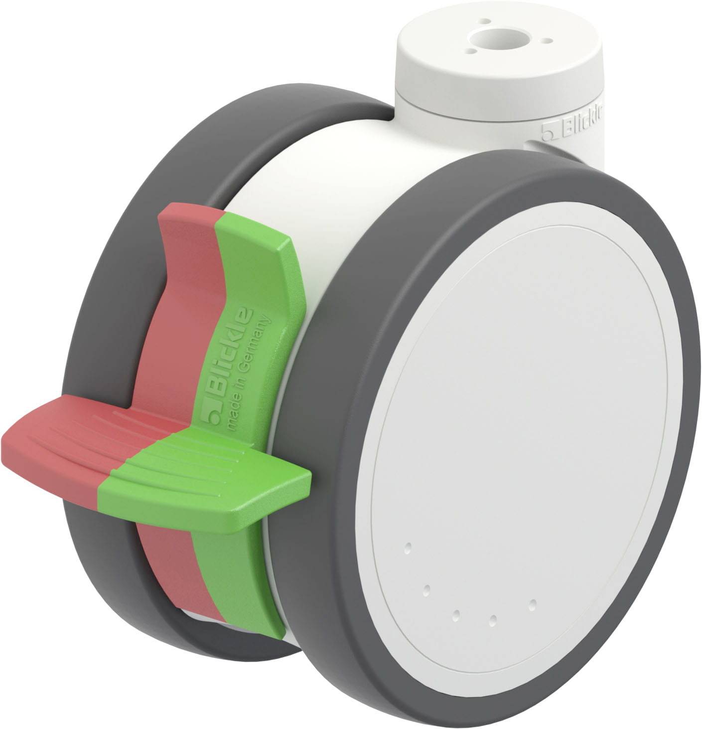 Ein Rollenkopf mit grauer Umrandung und rotem sowie grünem Bedienhebel, wahrscheinlich für eine Bremse oder Verriegelung.