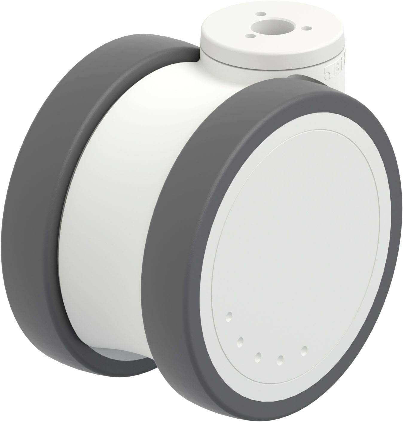 Ein weißer, zylindrischer Sensor mit zwei seitlichen schwarzen Rädern. designed for industrielle Anwendungen und Bewegungserkennung.
