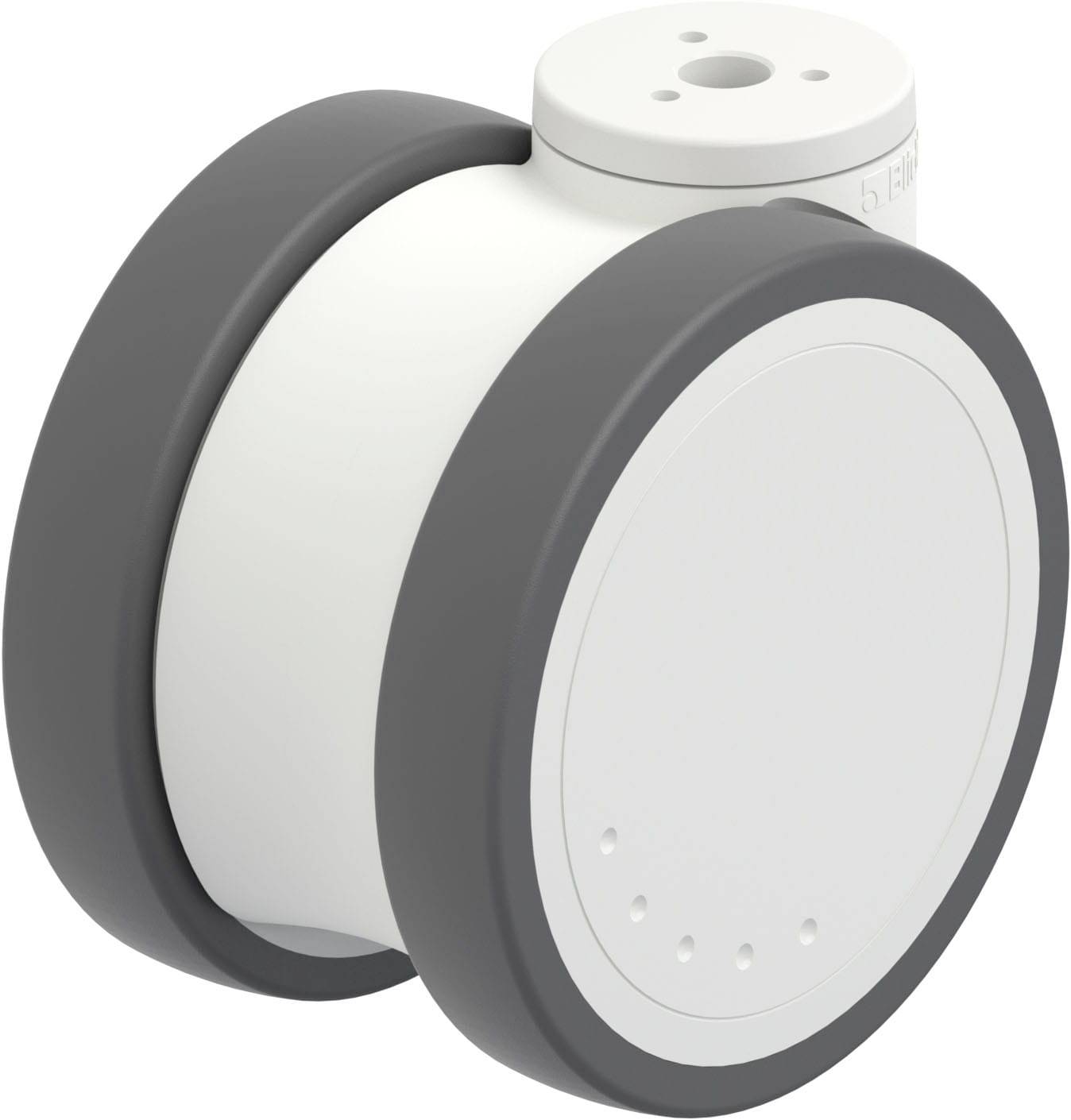 Ein weißes, zylinderförmiges Objekt mit grauen Ringen an beiden Seiten. Es sieht aus wie ein technisches Bauteil oder Sensor.