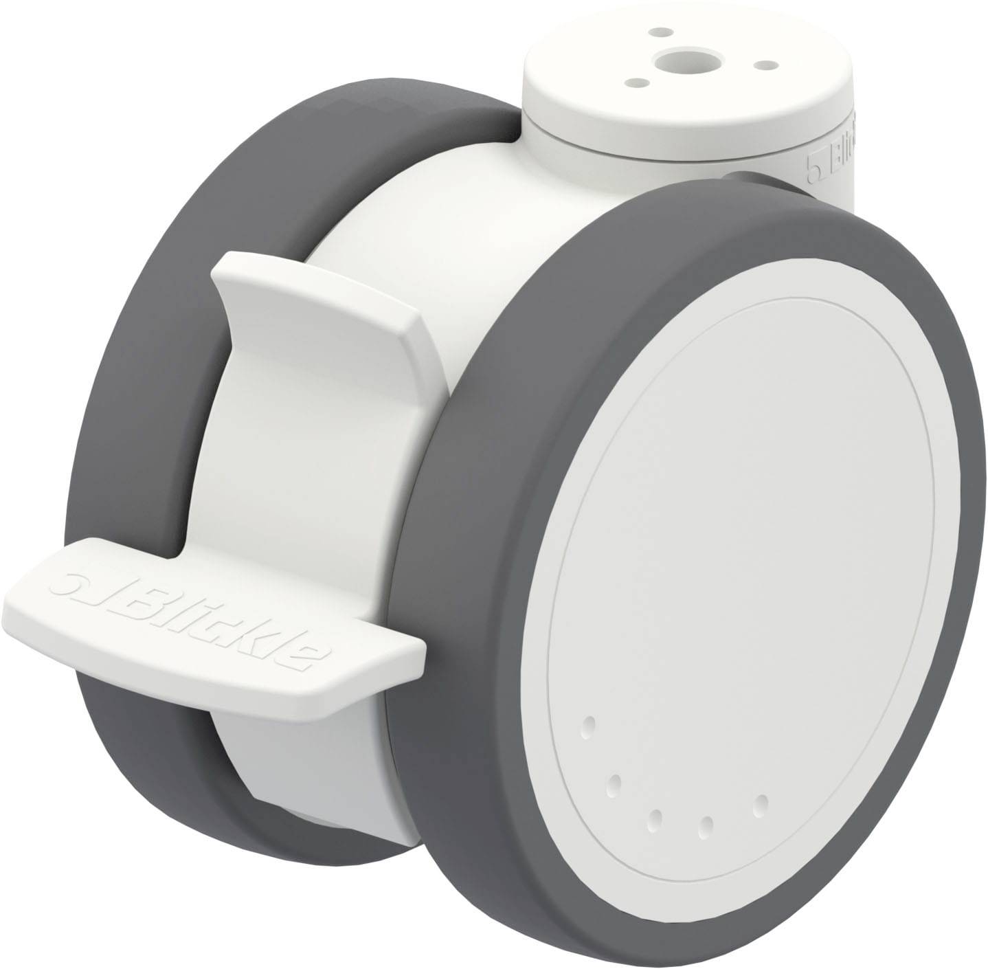 Ein weißes Rollenelement mit grauen Rädern und Text 'Blickle' an der Seite, möglicherweise ein Teil eines Rollsystems.