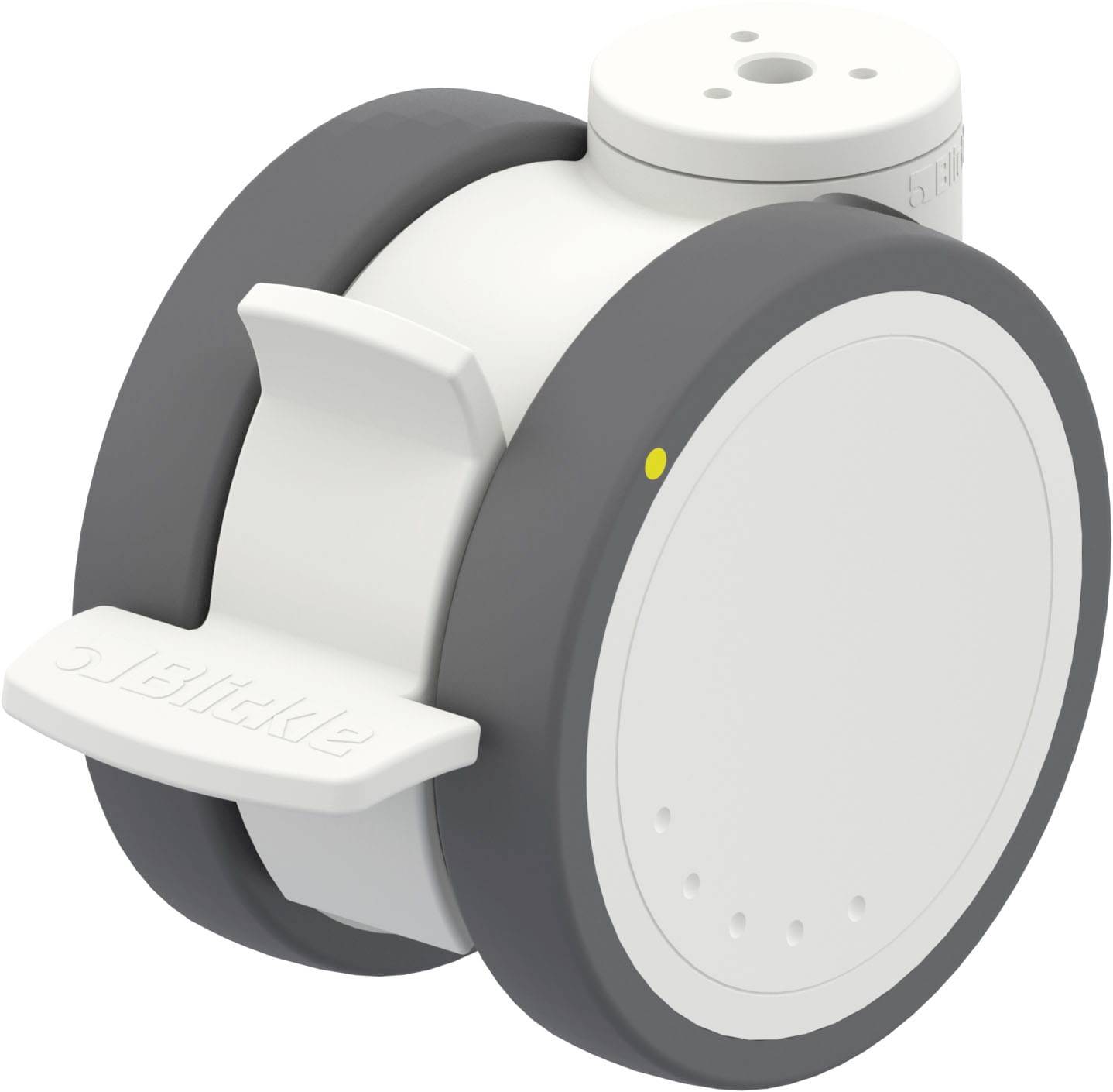 Ein weißes Rad mit grauem Reifen und seitlichem Griff, möglicherweise für einen Rollstuhl oder Einkaufswagen konzipiert.
