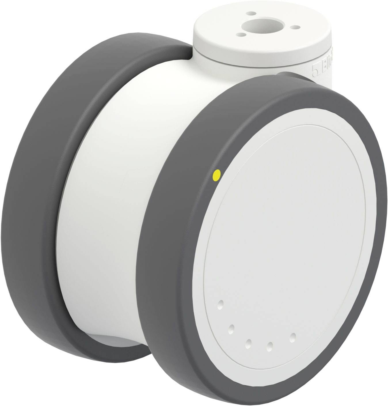 Ein kompakter, zylindrischer Roboter mit zwei großen Rädern an den Seiten. Er hat ein schlichtes, modernes Design mit grauen und weißen Elementen.