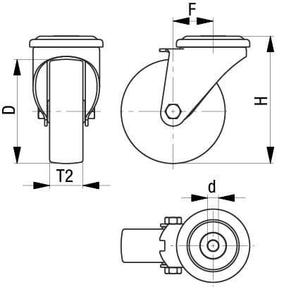 Konstruktionszeichnung für eine Schwenkrolle, zeigt Ansichten von vorne, seitlich und oben mit den Maßen D, F, H, T2, d.