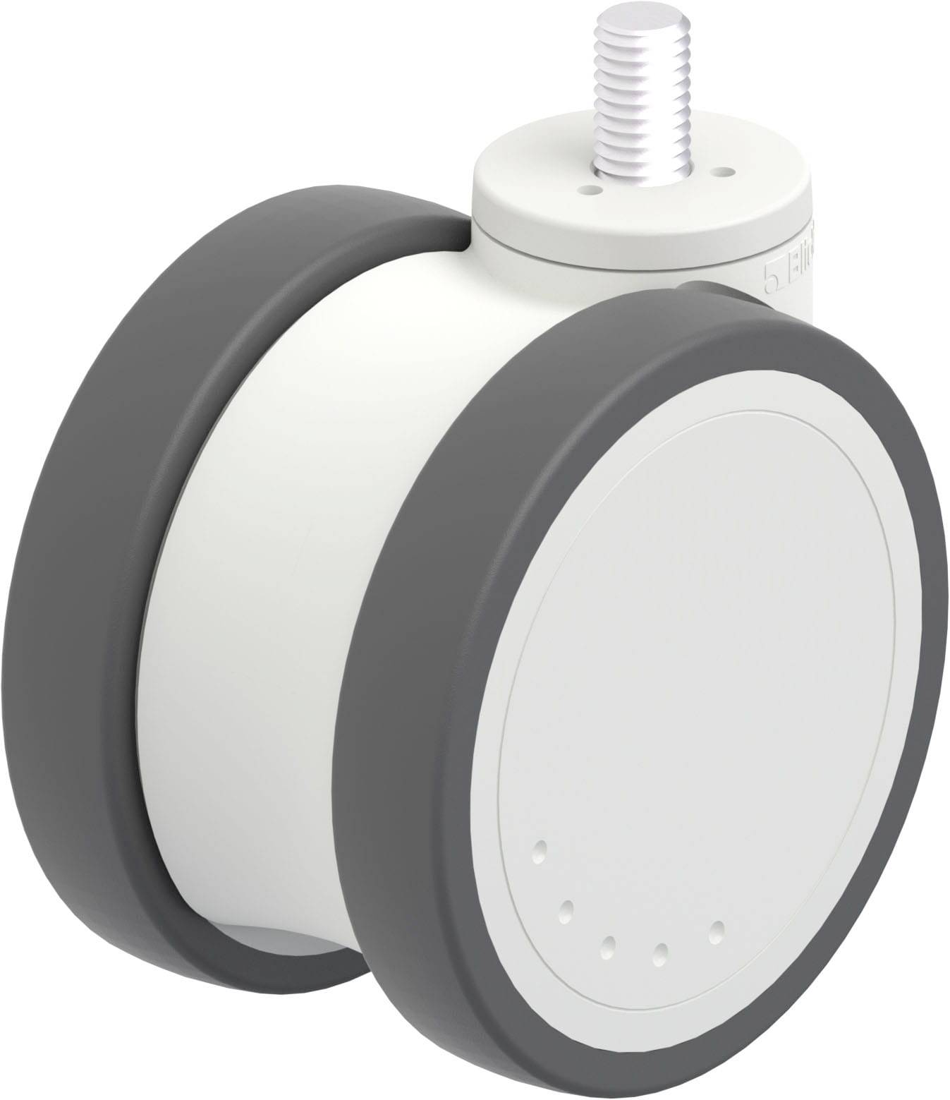 Weiße Laufrolle mit grauen Felgen und oben angebrachter Schraube. Entwickelt für Möbelstücke oder schwere Geräte.