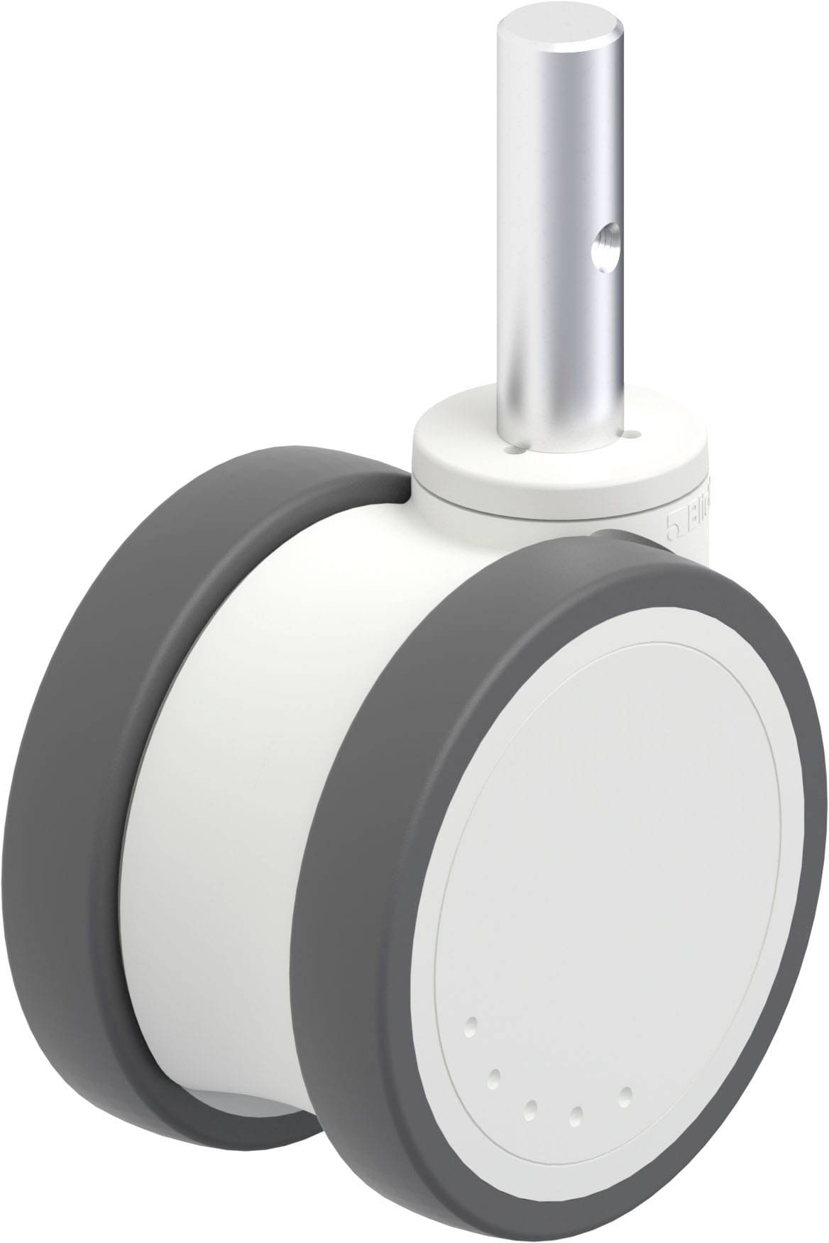 Ein graues und weißes Doppelrad-Bürostuhlrad mit einer Metallstange oben, für einfache Bewegung auf verschiedenen Untergründen.