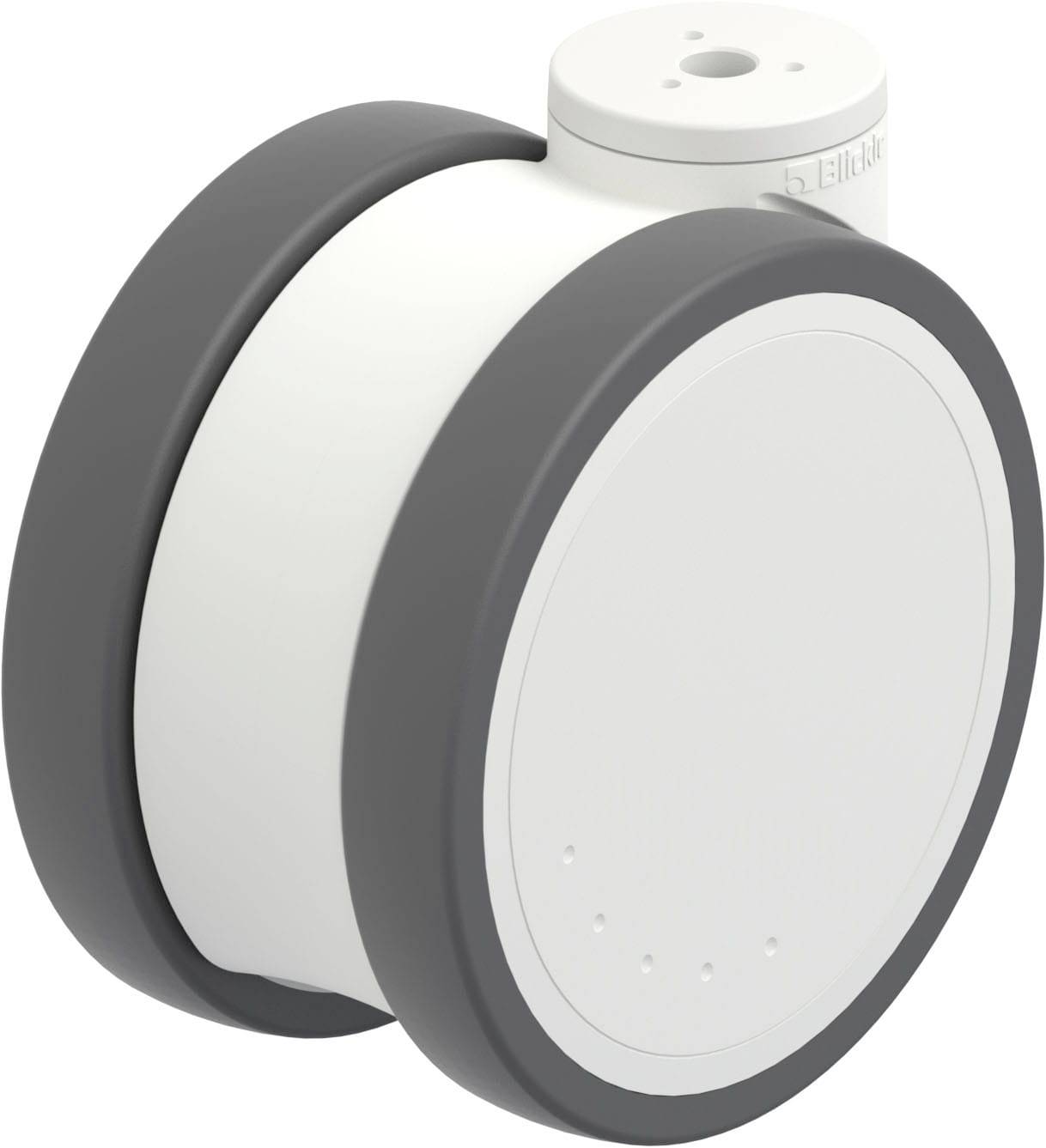 Weißes, rundes Gerät mit zwei großen, grauen Rädern. Größtenteils minimalistisches Design.