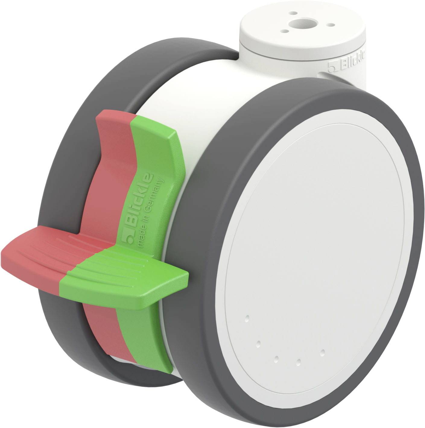 Weißer, runder, elektronischer Grenzwertgeber mit zwei großen Rädern und roten sowie grünen Hebeln; schwenkbare Vorrichtung.