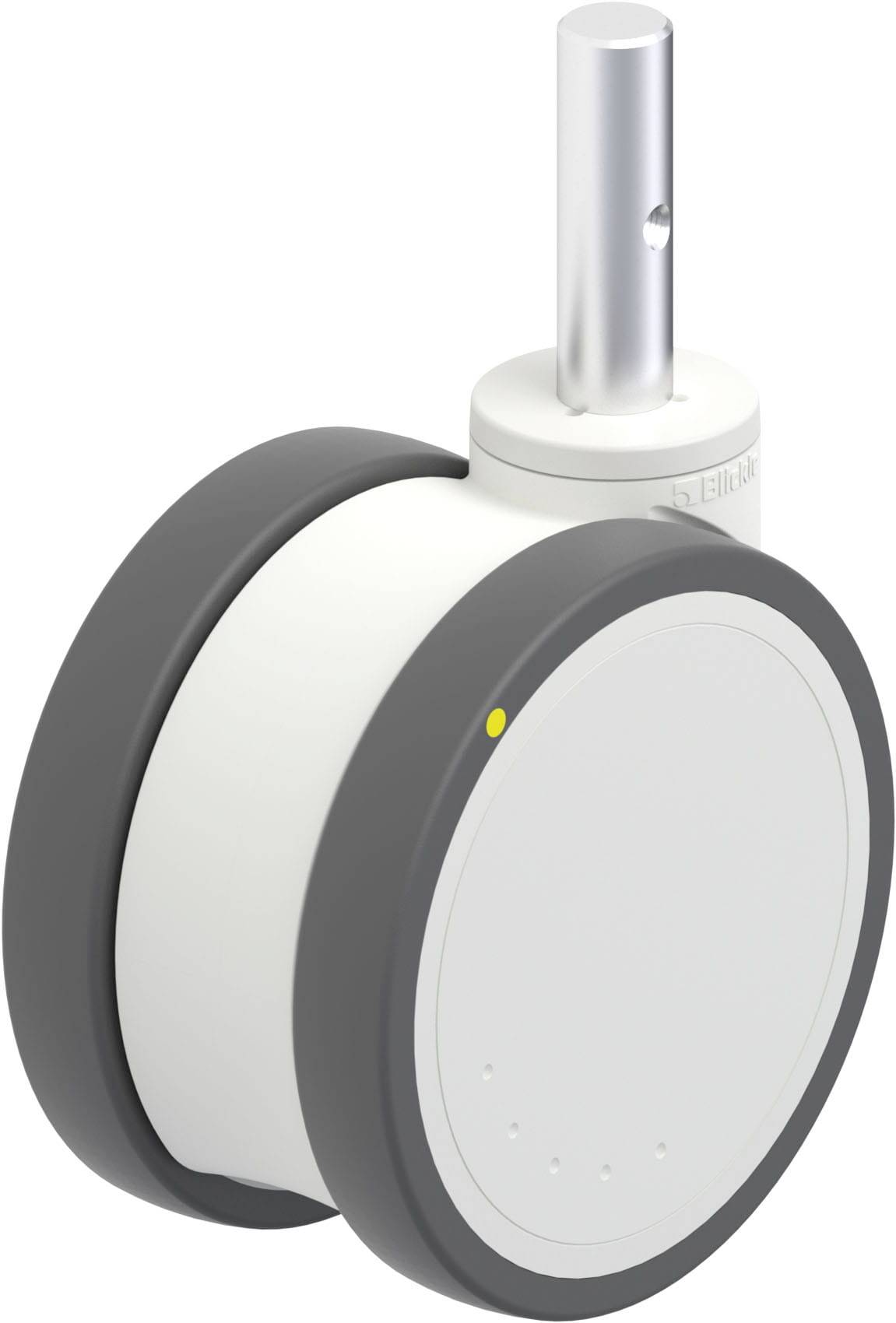 Graues und weißes Rad mit Metallstift, möglicherweise ein Möbel- oder Geräte-Rad. Geeignet für Drehbewegungen.