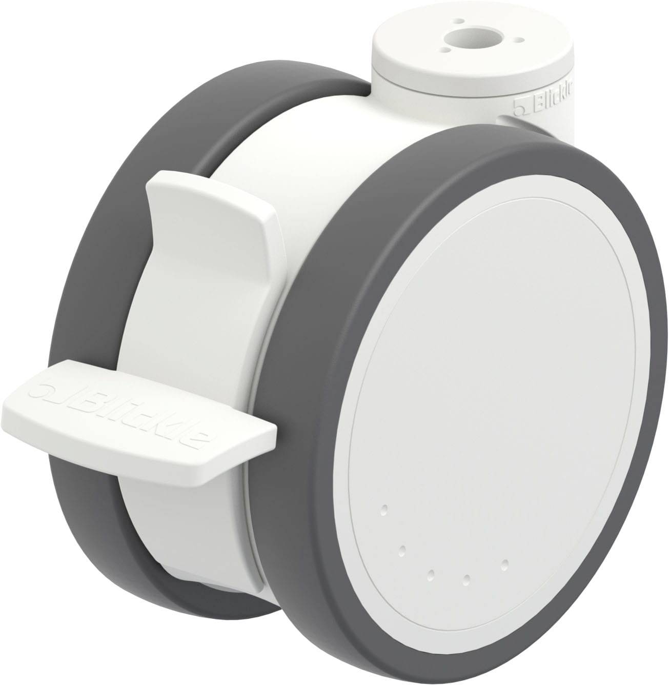 Ein rundes, graues und weißes Gerät mit seitlichem Griff. Möglicherweise ein Sensor oder Messgerät mit Funktionstasten oben.