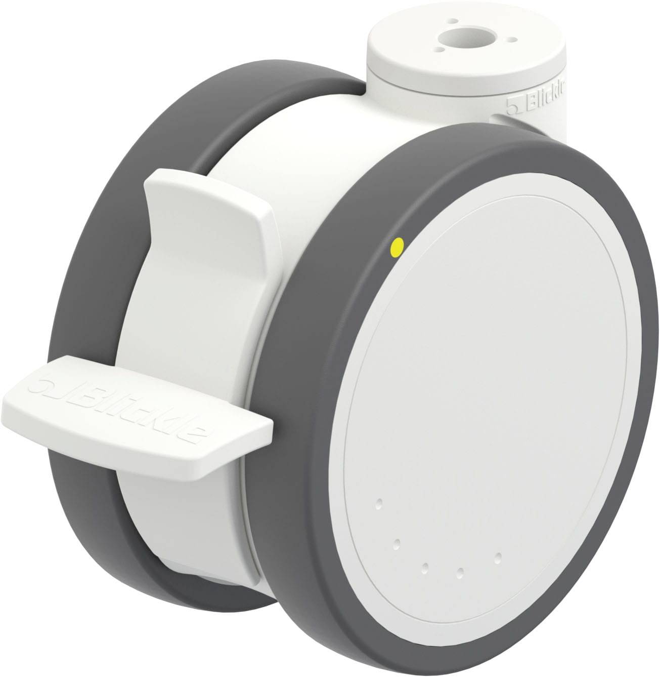 Weiß-graues Rad mit Halterung und gelber Markierung, möglicherweise für Möbel oder Geräte; modernes Design mit runder Form.