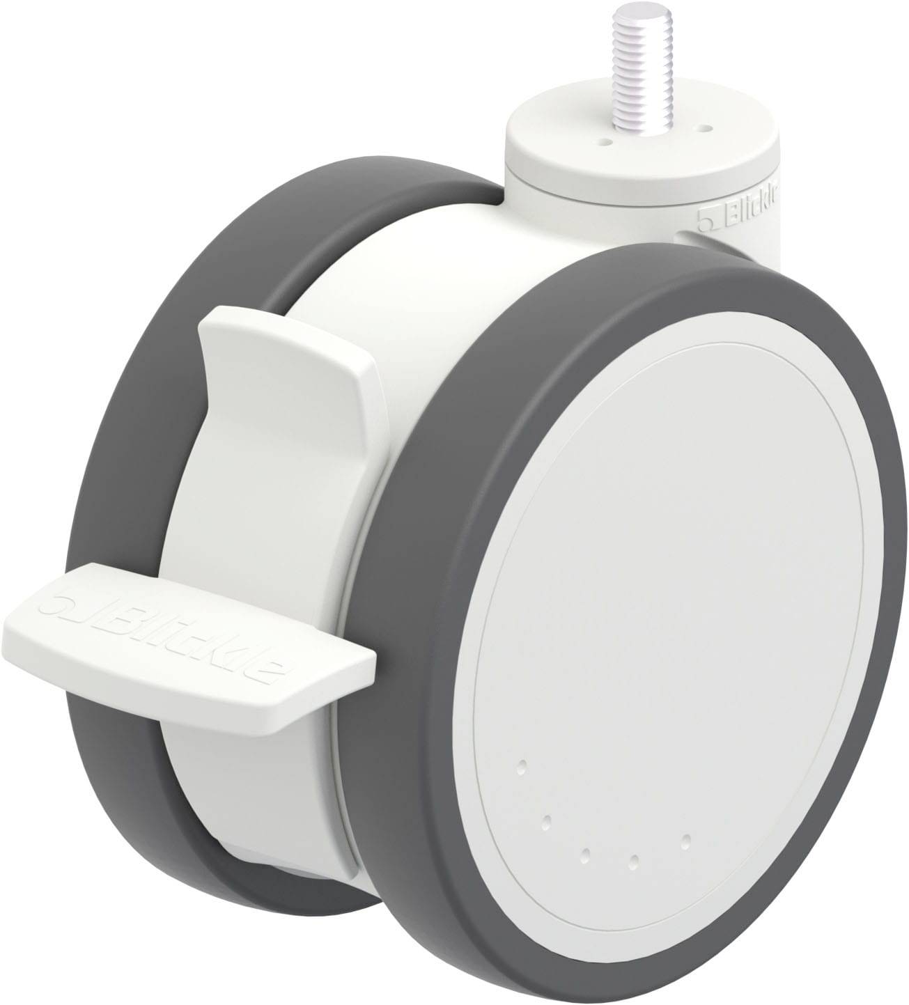 Eine weiße Kunststoffrolle mit schwarzem Außenring und einem Drehmechanismus. Geeignet für Möbel oder Transportgeräte.