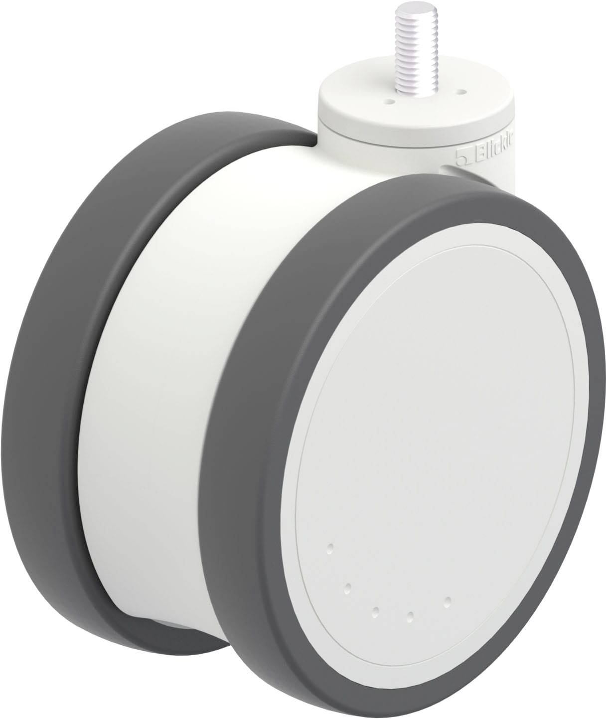 Graues und weißes Möbelrad mit Gewindestift, geeignet für Bürostühle. Zeigt glatte, abgerundete Kanten für schonende Bodenbewegung.