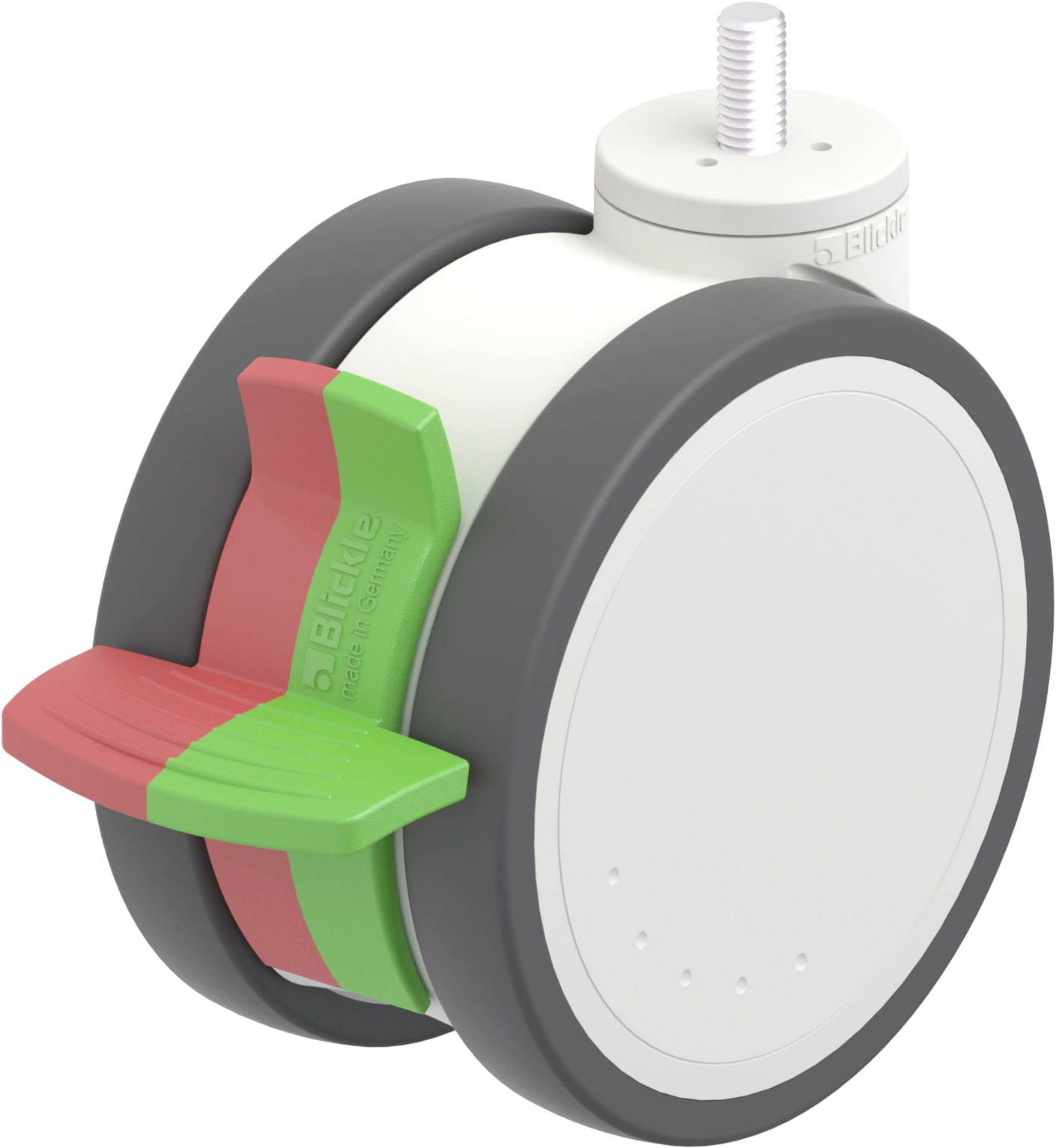 Industrie-Doppelrad mit grauem Gehäuse, rotem und grünem Bremshebel. Geeignet für schwere Lasten in industriellen Anwendungen.