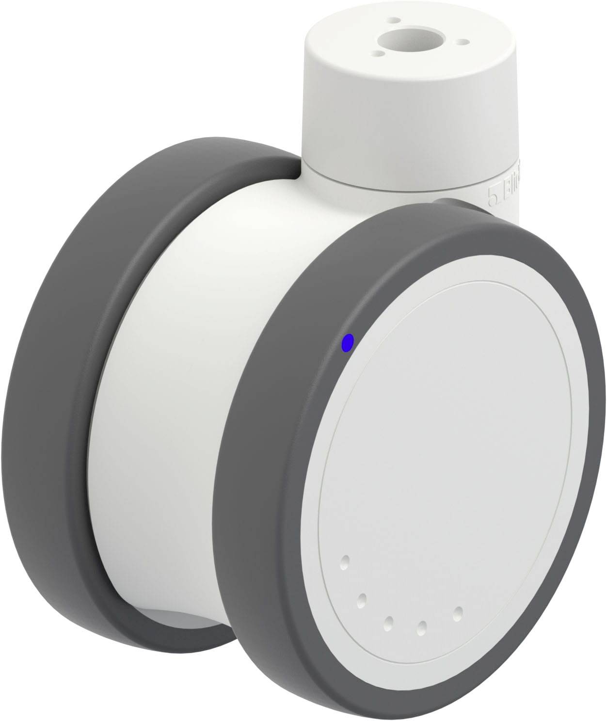 Ein weißes, rundes Gerät mit grauen Rändern und einer blauen Kontrollleuchte, möglicherweise ein Sensor oder ein Smart-Home-Gerät.