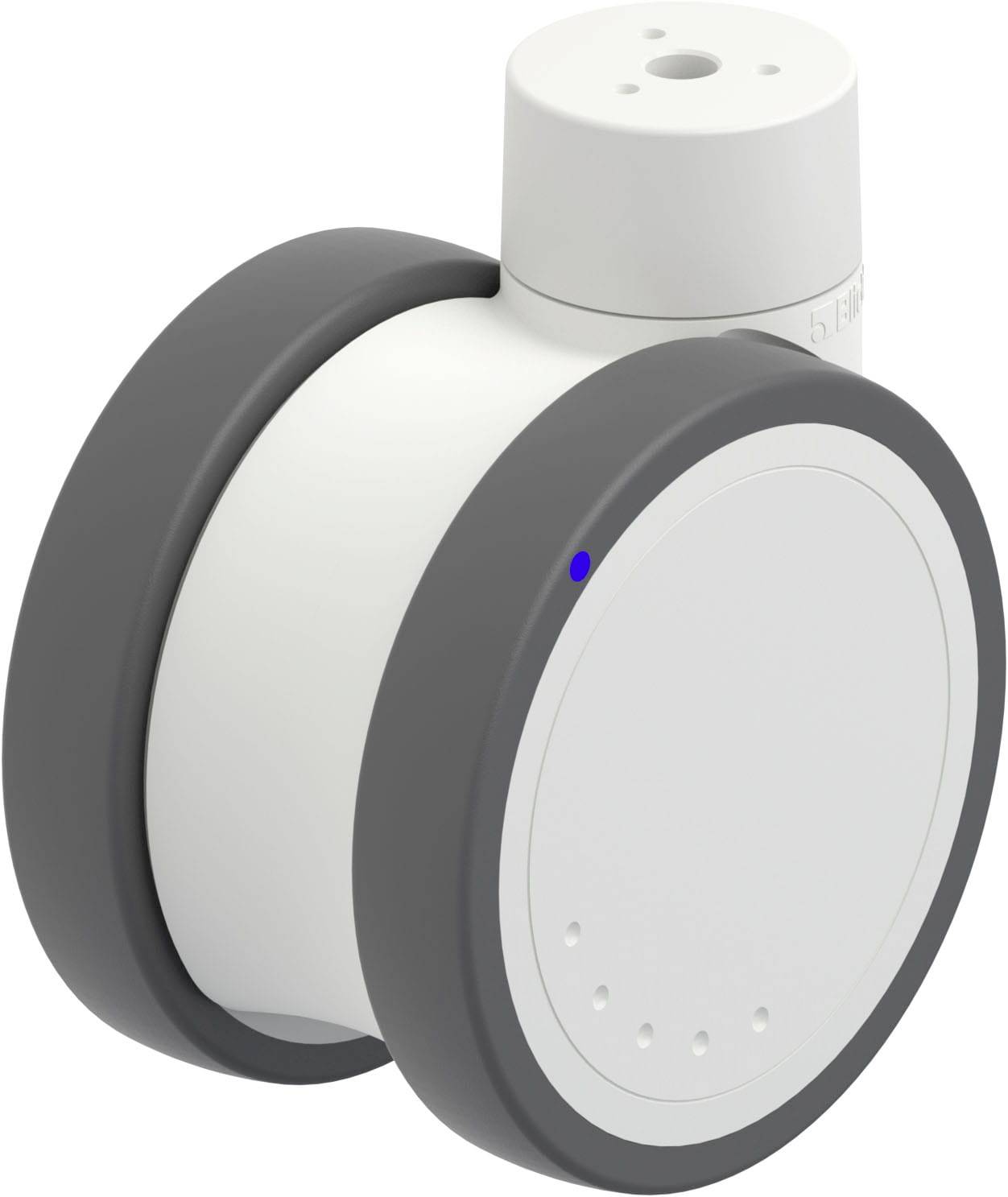 Ein weißer, zylindrischer Sensor mit grauem Rand und einer kleinen blauen Leuchte, wahrscheinlich ein Gerät zur Raumüberwachung oder Steuerung.