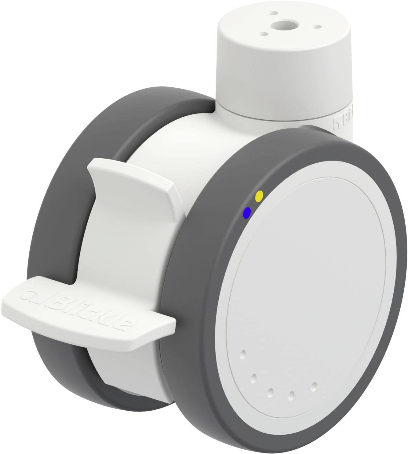 Ein weißes, rundes Gerät mit grauen Akzenten und zwei farbigen LEDs. Es hat eine seitliche Klammer und scheint ein technisches Gerät zu sein.