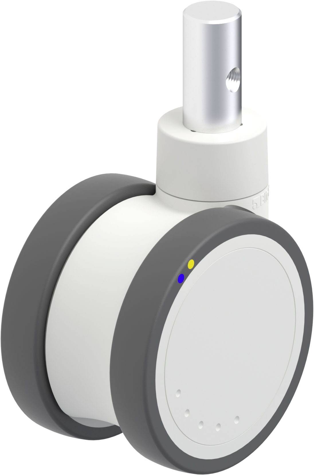 Zwei grau-weiße Rollen, eine größere und eine kleinere, verbunden durch eine kurze Achse. Geeignet für Möbel oder Geräte.