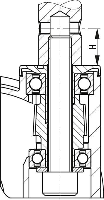 Technische Zeichnung eines Lagers mit Schnittdarstellung. Zeigt die Lageranordnung und Achse in einem mechanischen System.
