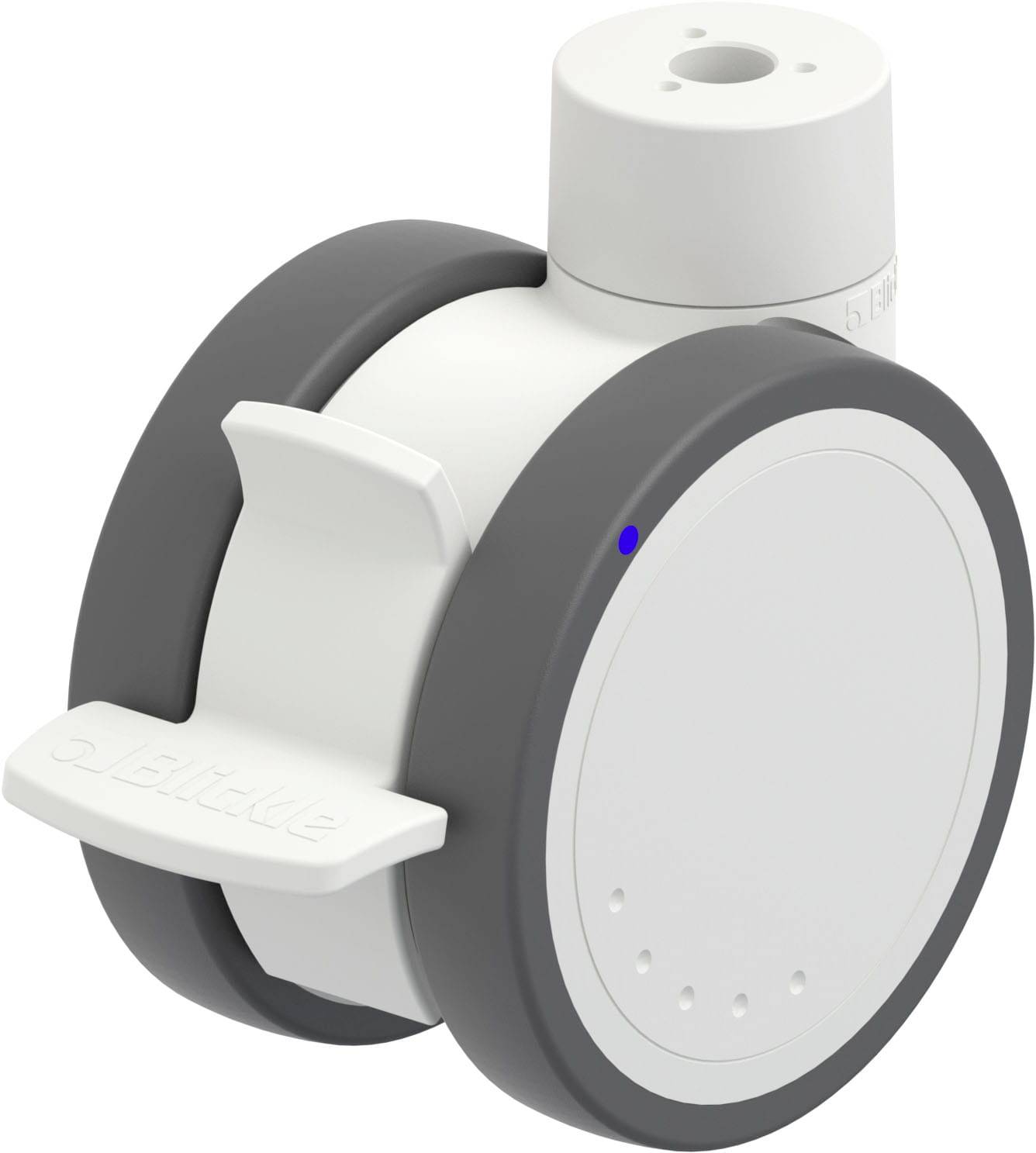 Ein weißer, runder Roboter mit grauem Rand und blauer Leuchte zeigt, dass er eingeschaltet ist. Links eine Klemme zum Befestigen.
