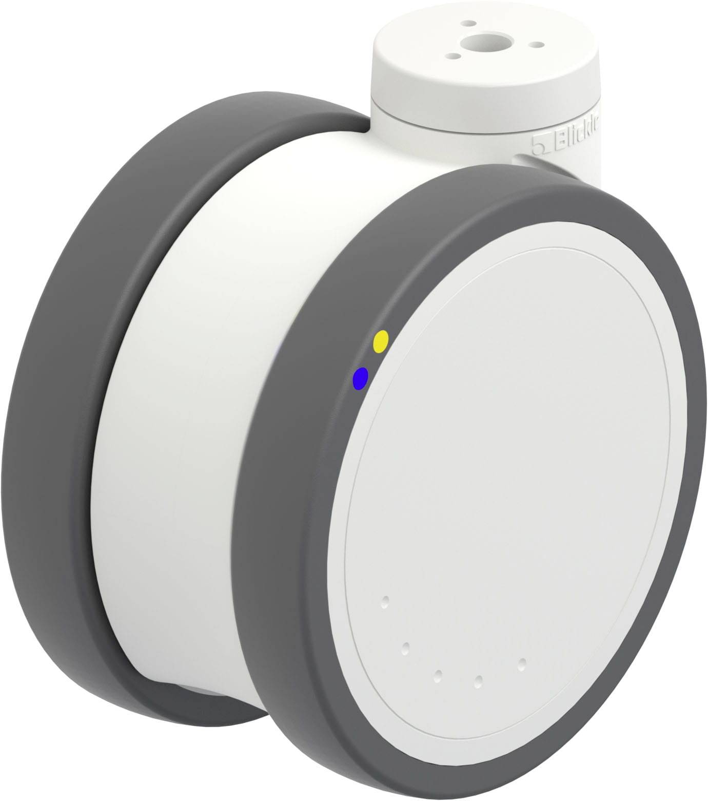 Ein weißes, rundes Smart-Home-Gerät mit grauem Rand und drei LED-Anzeigen. Es könnte zur Messung oder Steuerung verwendet werden.