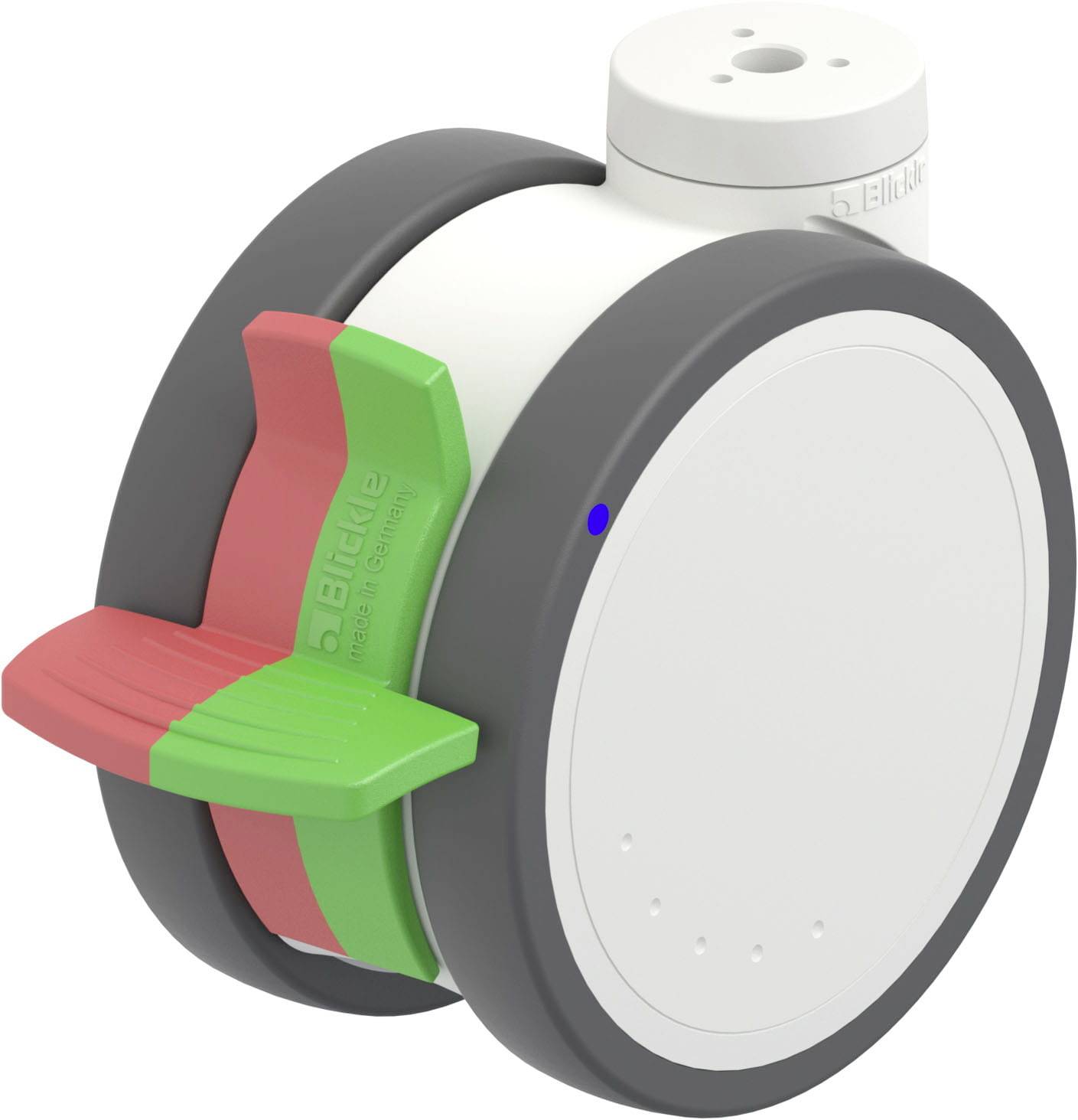 Graues Rad mit rotem und grünem Bremssystem. 'Blickle made in Germany' auf den Bremsen.