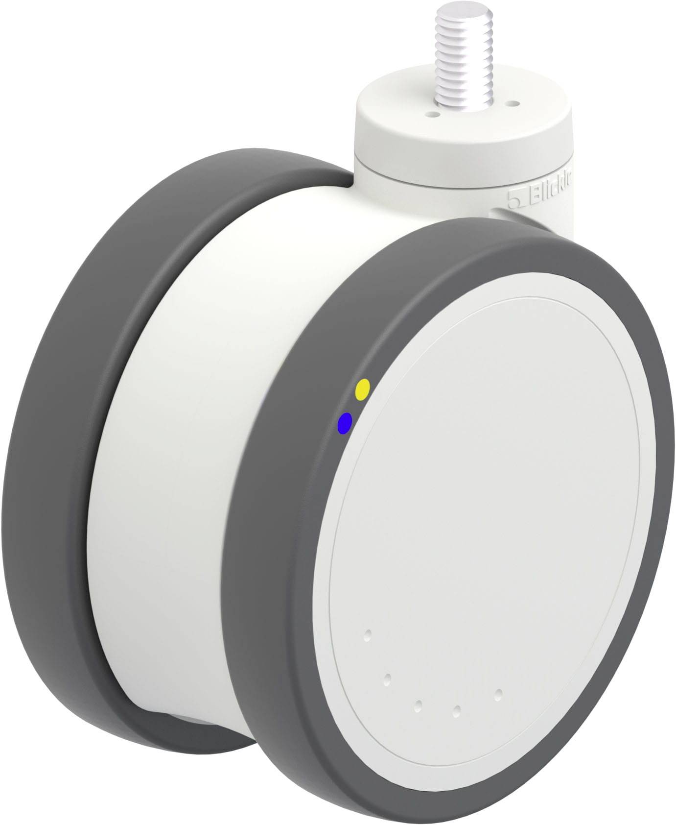 Graue Rolle mit weißem Gehäuse, kleine blaue und gelbe Punkte an der Seite. Wird häufig für Möbel oder Geräte eingesetzt.